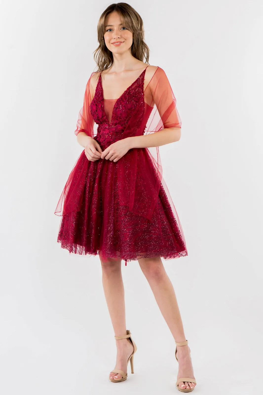 Sheer Bodice V-Neck Glitter Mesh Homecoming Dress GLGS1979