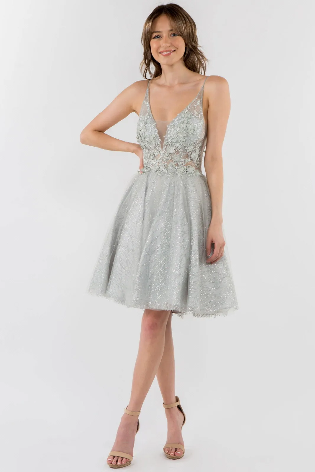 Sheer Bodice V-Neck Glitter Mesh Homecoming Dress GLGS1979