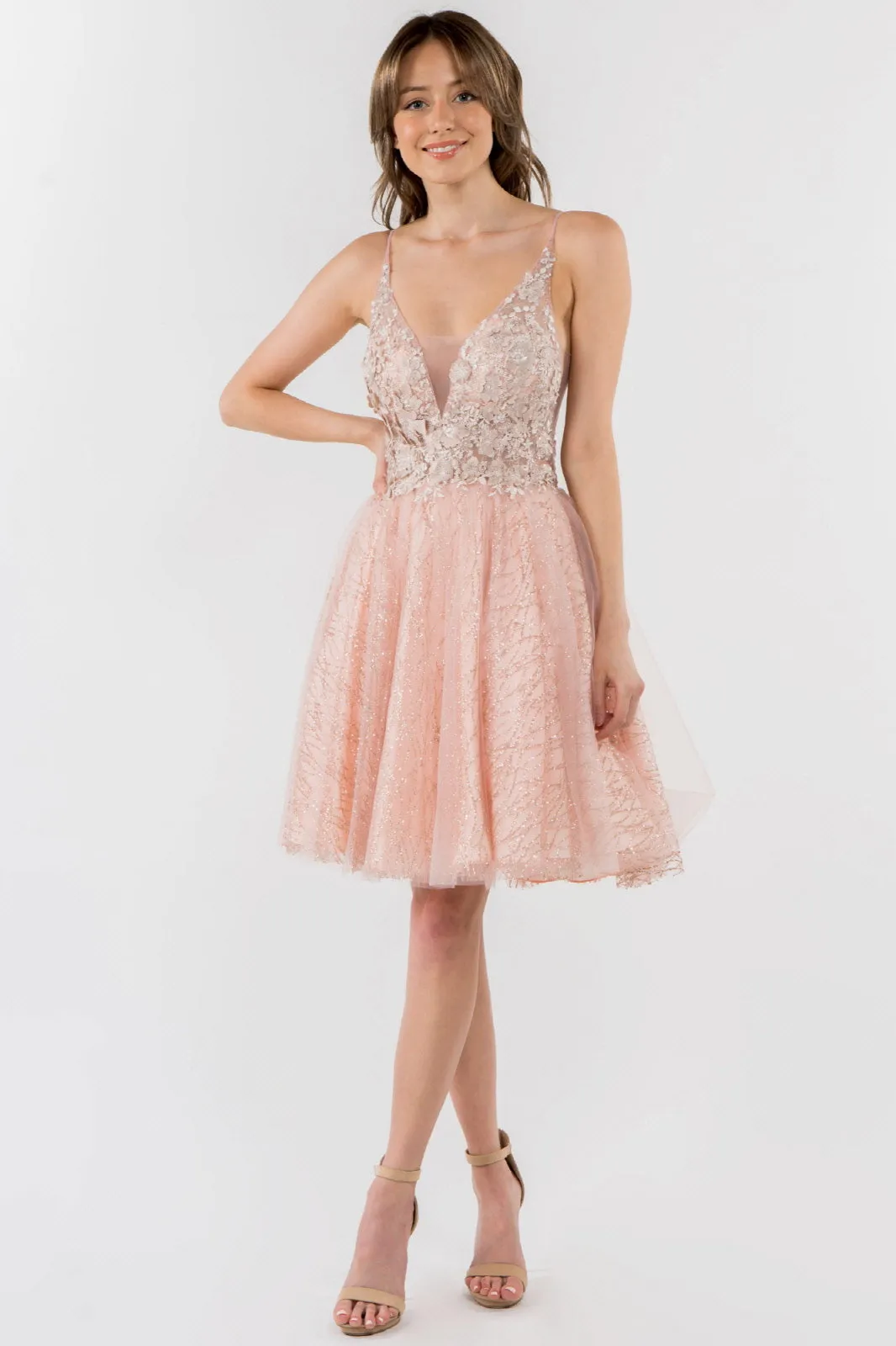 Sheer Bodice V-Neck Glitter Mesh Homecoming Dress GLGS1979