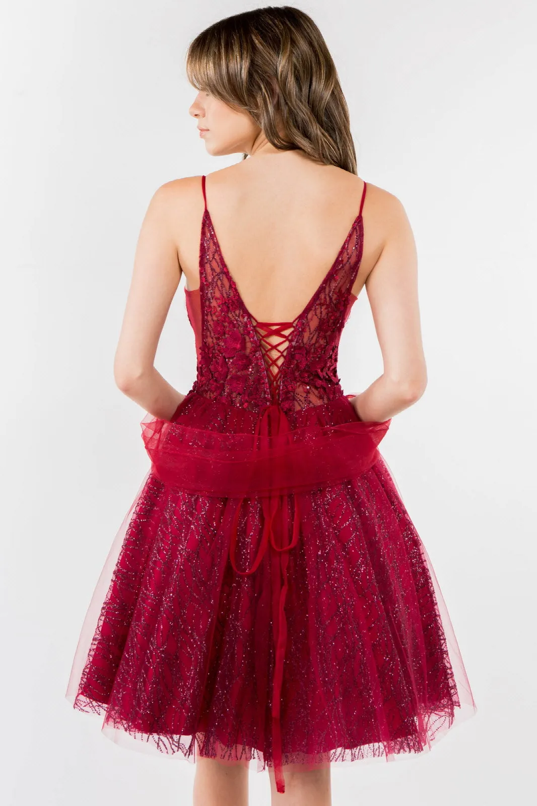 Sheer Bodice V-Neck Glitter Mesh Homecoming Dress GLGS1979