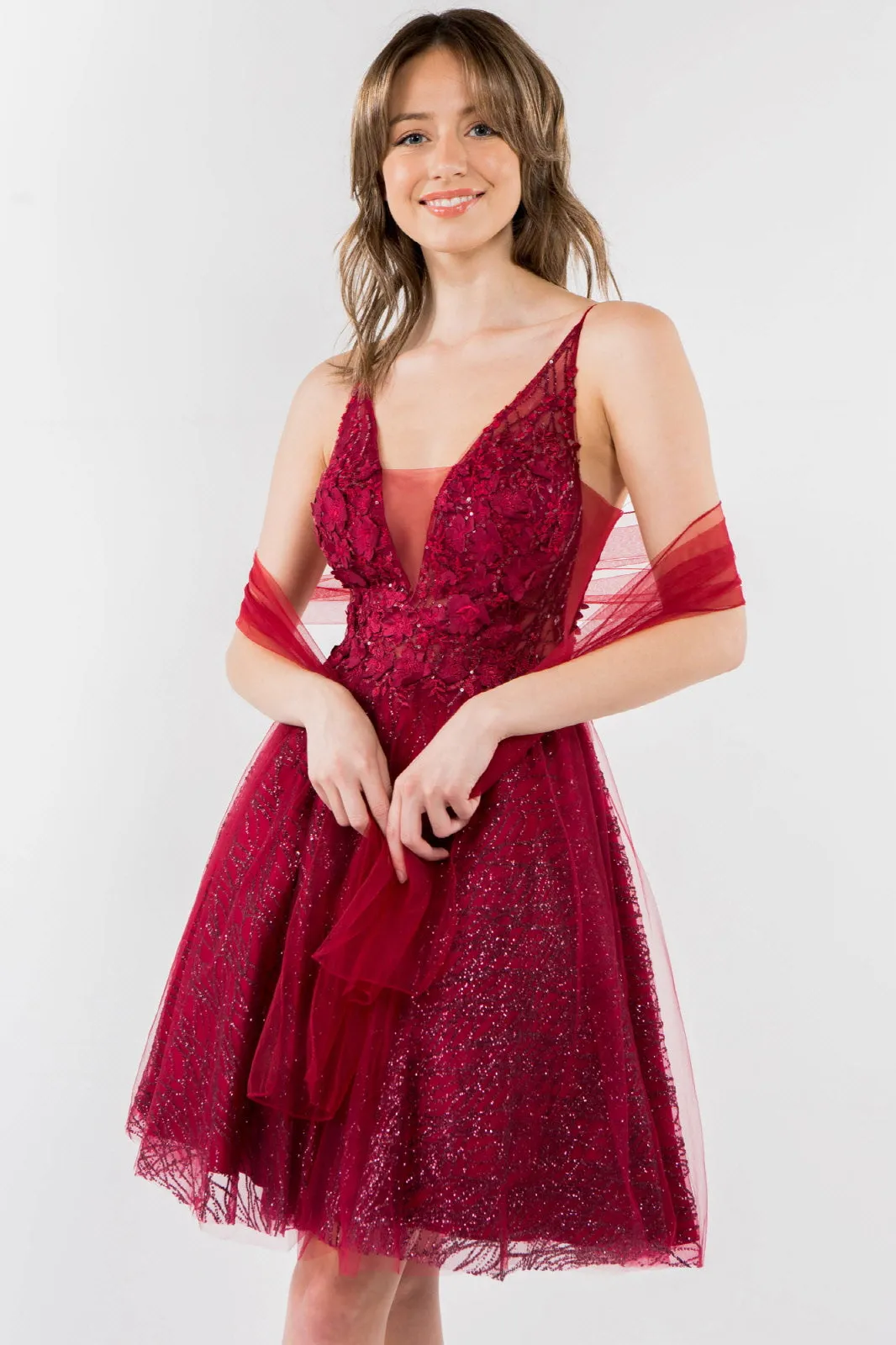 Sheer Bodice V-Neck Glitter Mesh Homecoming Dress GLGS1979