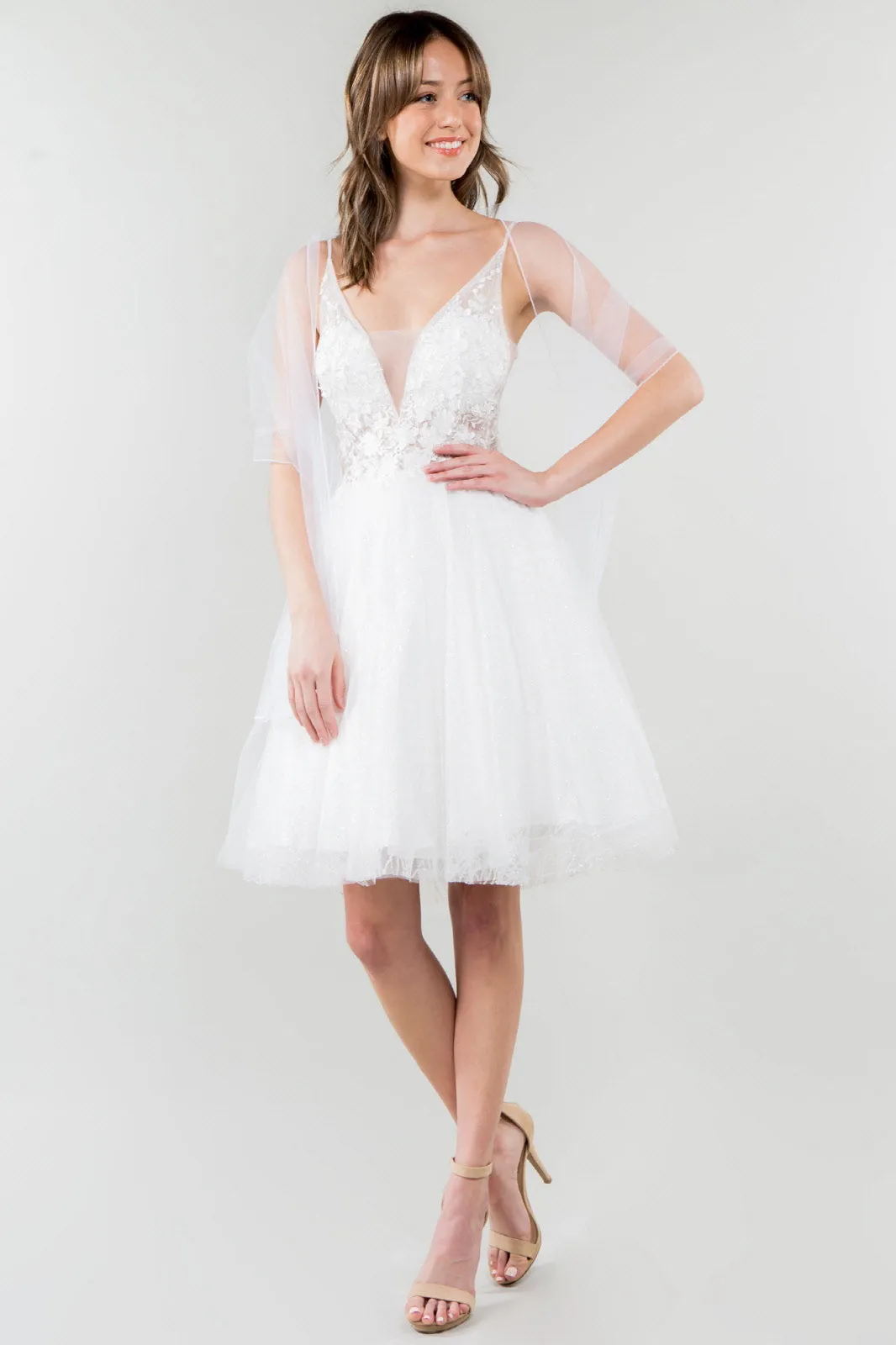 Sheer Bodice V-Neck Glitter Mesh Homecoming Dress GLGS1979