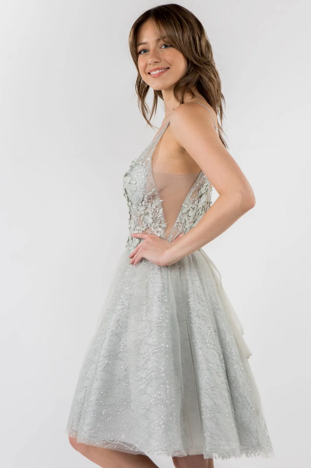 Sheer Bodice V-Neck Glitter Mesh Homecoming Dress GLGS1979