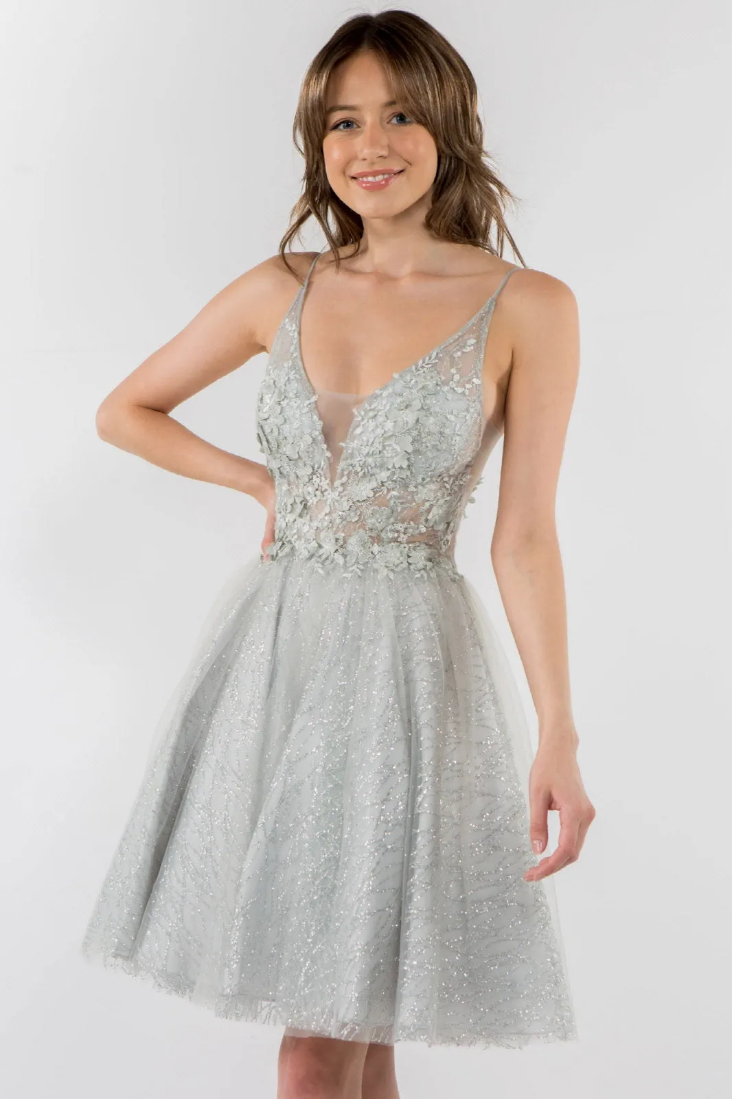 Sheer Bodice V-Neck Glitter Mesh Homecoming Dress GLGS1979