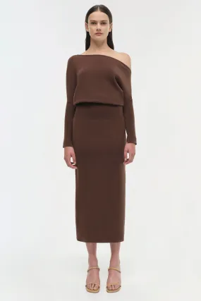 SIMKHAI - Janese Off Shoulder Midi Dress in Chocolate