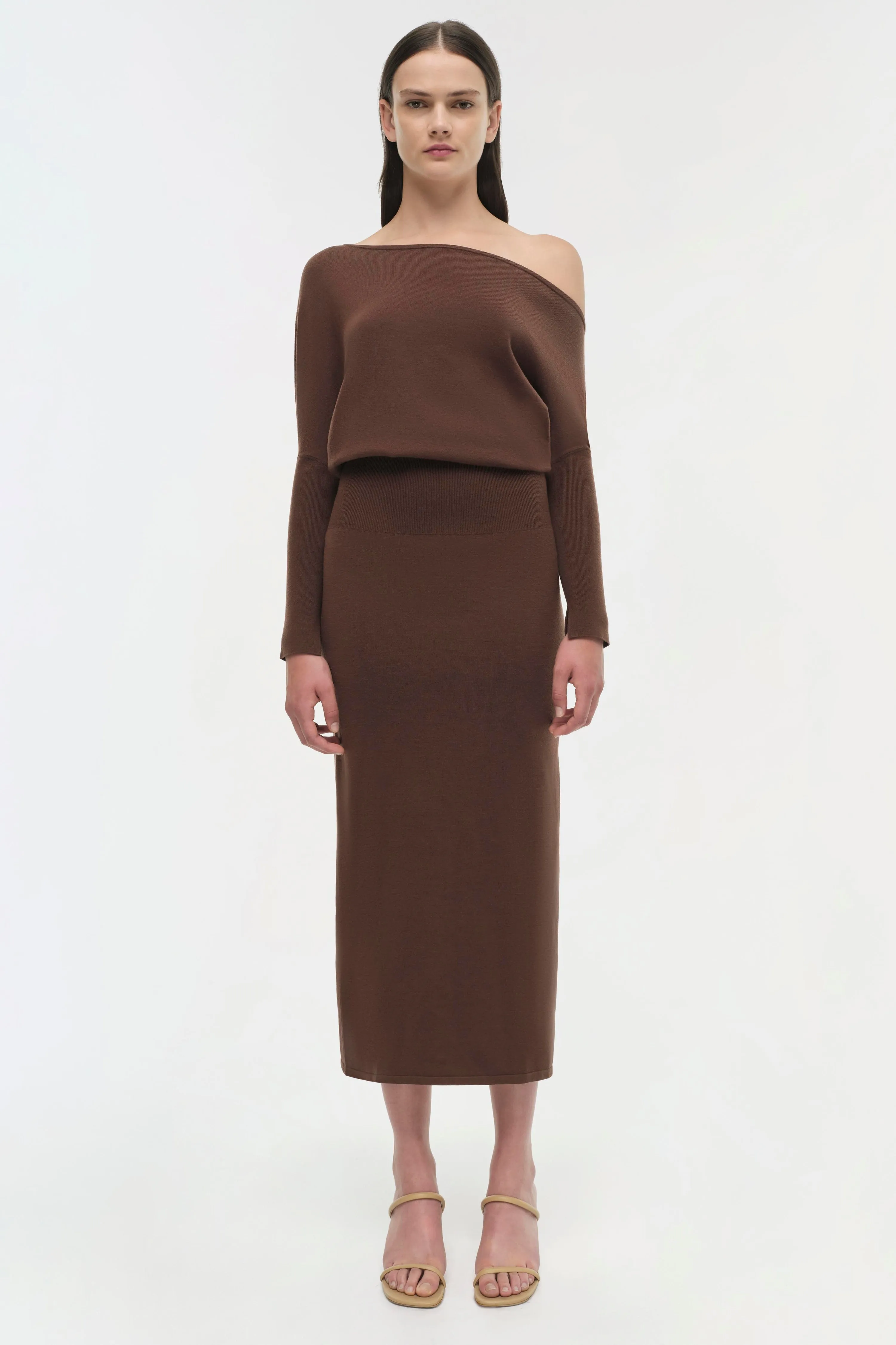 SIMKHAI - Janese Off Shoulder Midi Dress in Chocolate