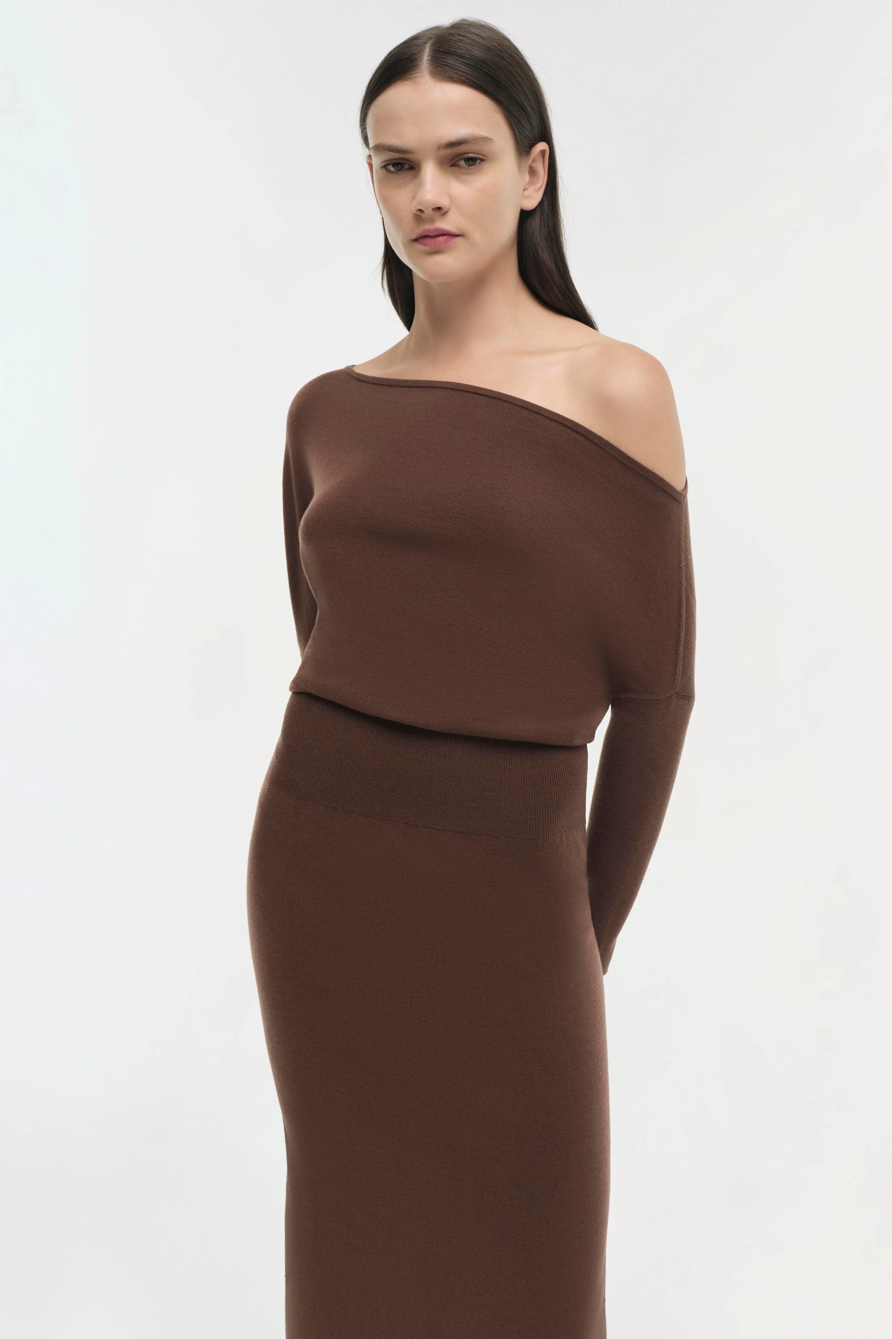 SIMKHAI - Janese Off Shoulder Midi Dress in Chocolate
