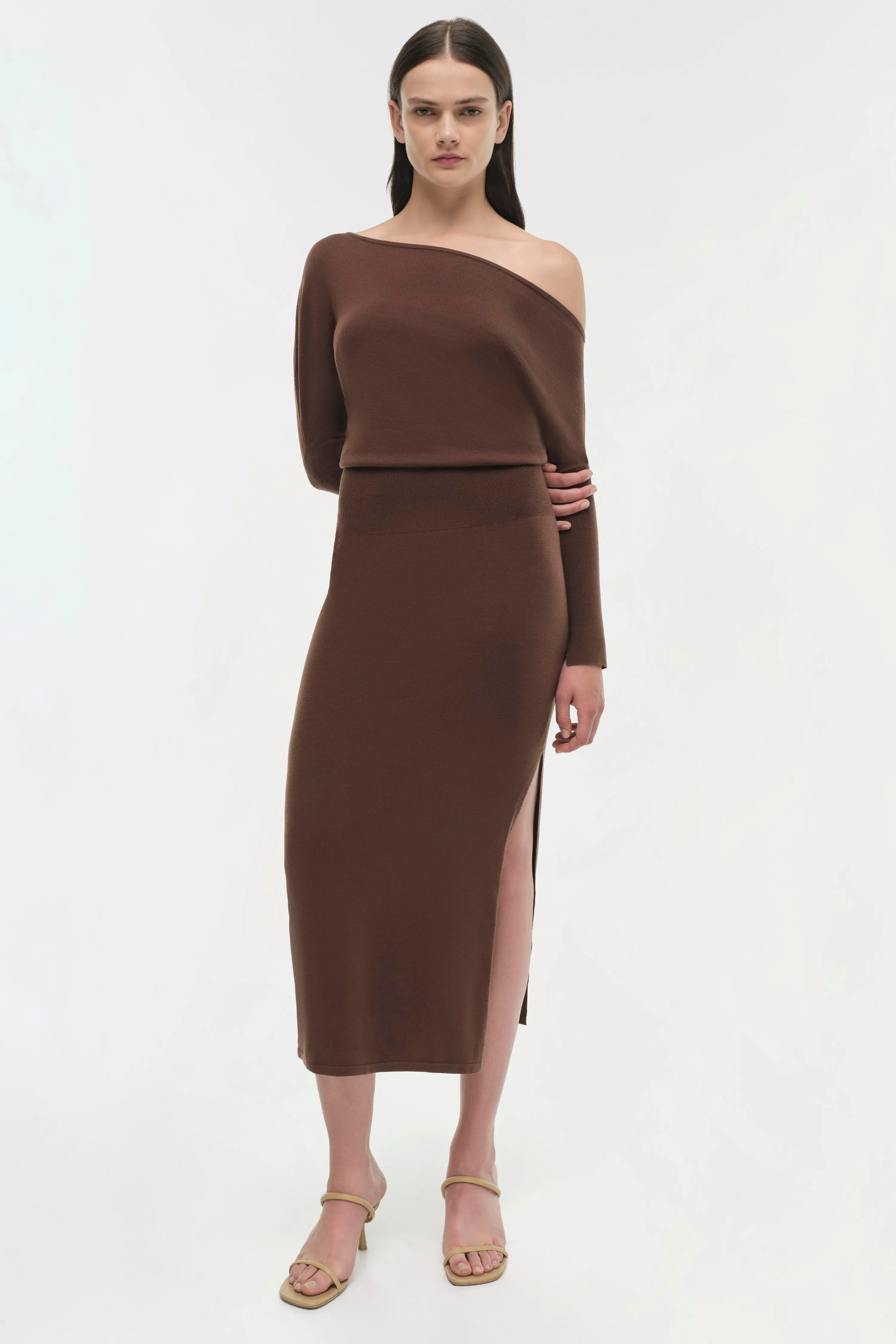 SIMKHAI - Janese Off Shoulder Midi Dress in Chocolate