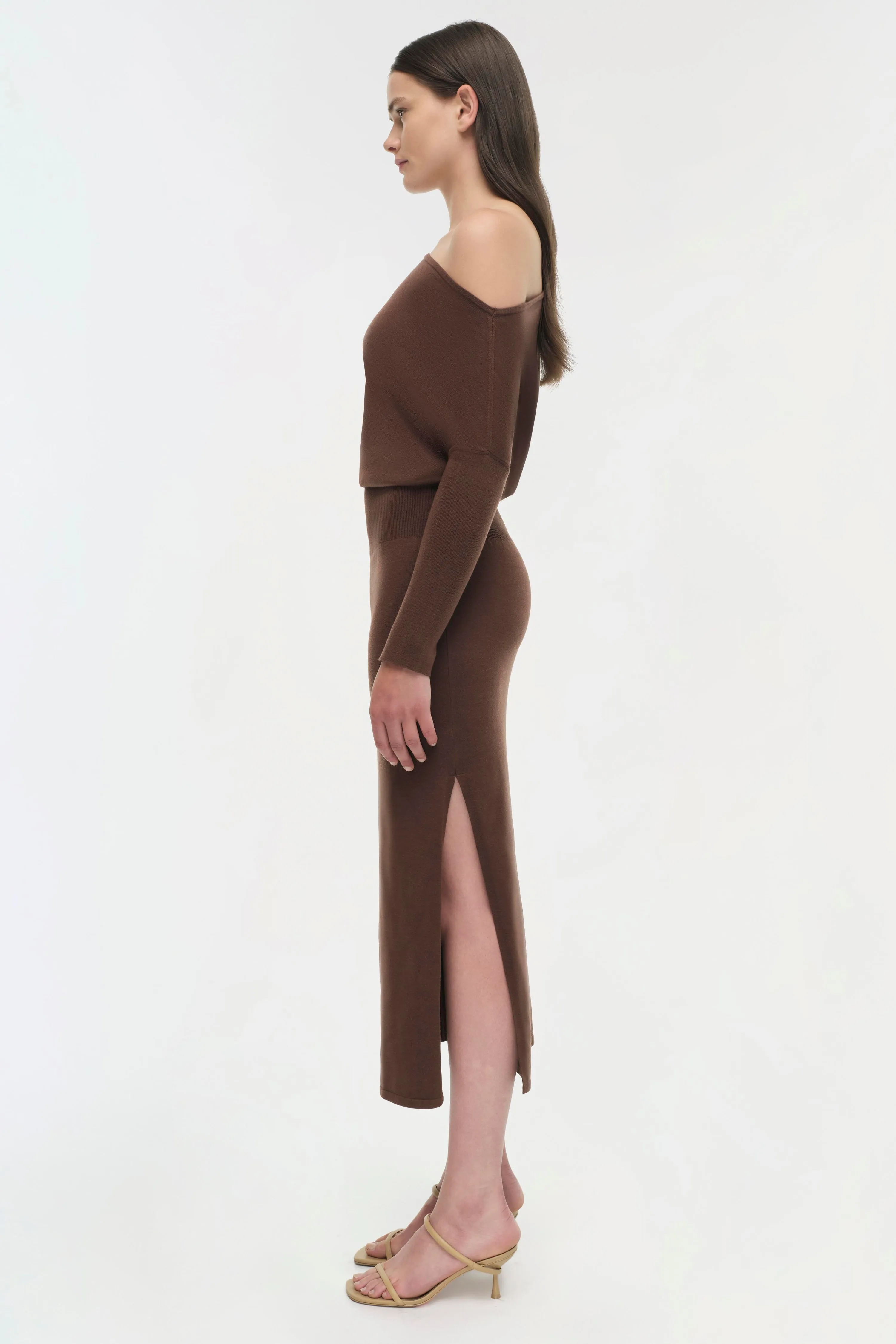 SIMKHAI - Janese Off Shoulder Midi Dress in Chocolate