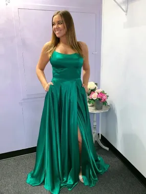 Simple Green Satin Long Prom with High Slit, Green Formal Graduation Evening