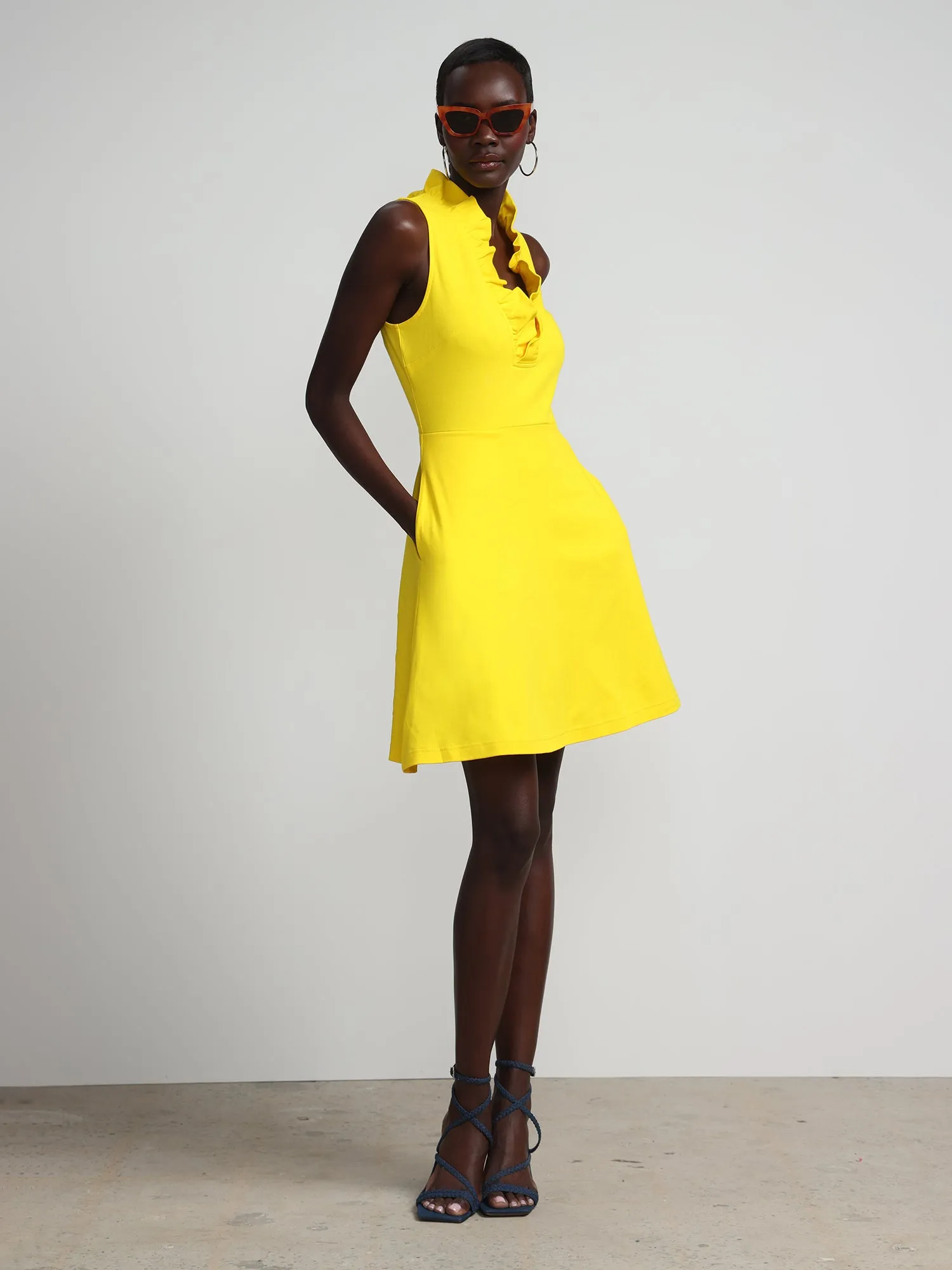 Sleeveless Ruffle-Neck Flare Dress - City Knits