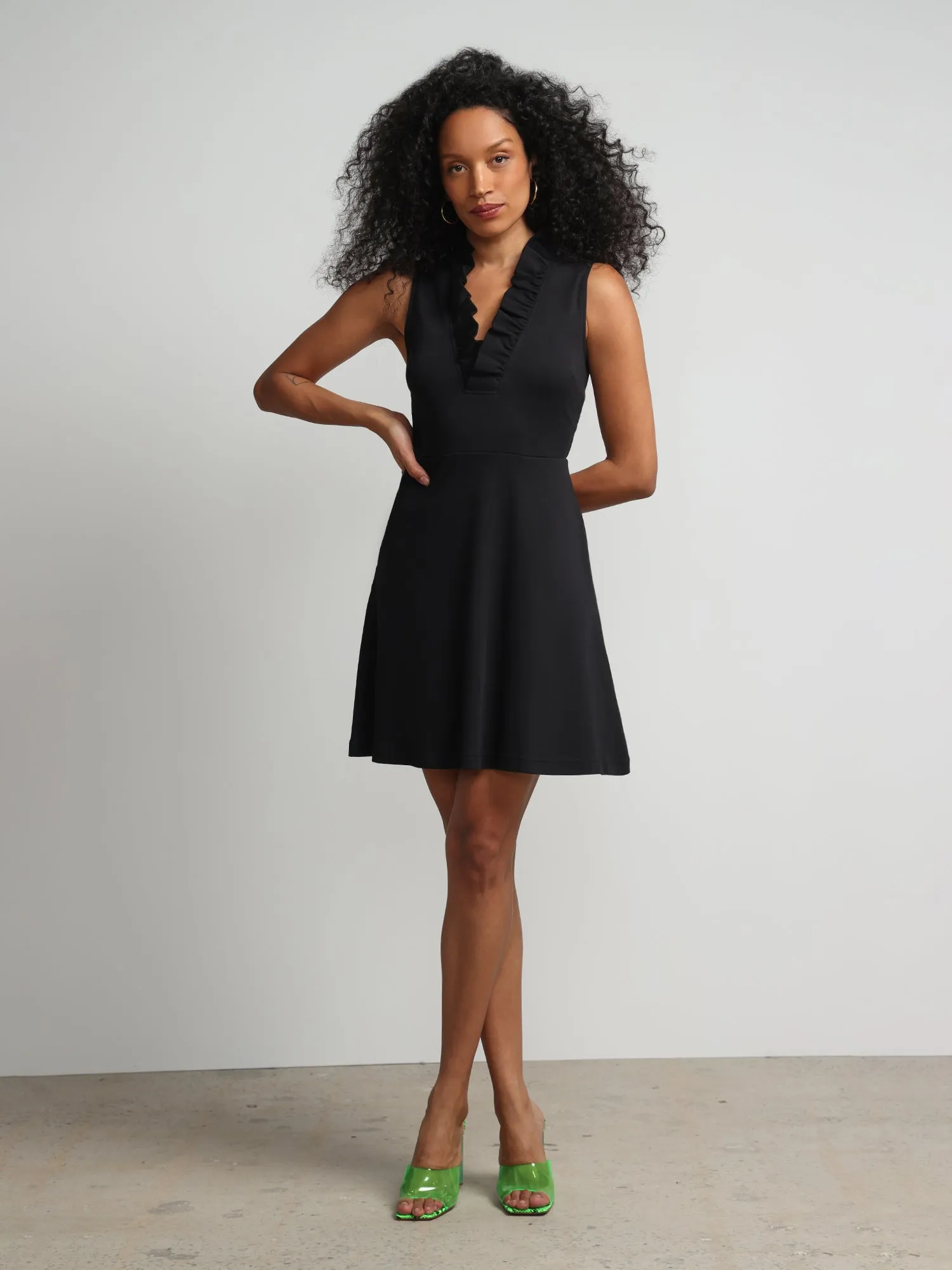 Sleeveless Ruffle-Neck Flare Dress - City Knits