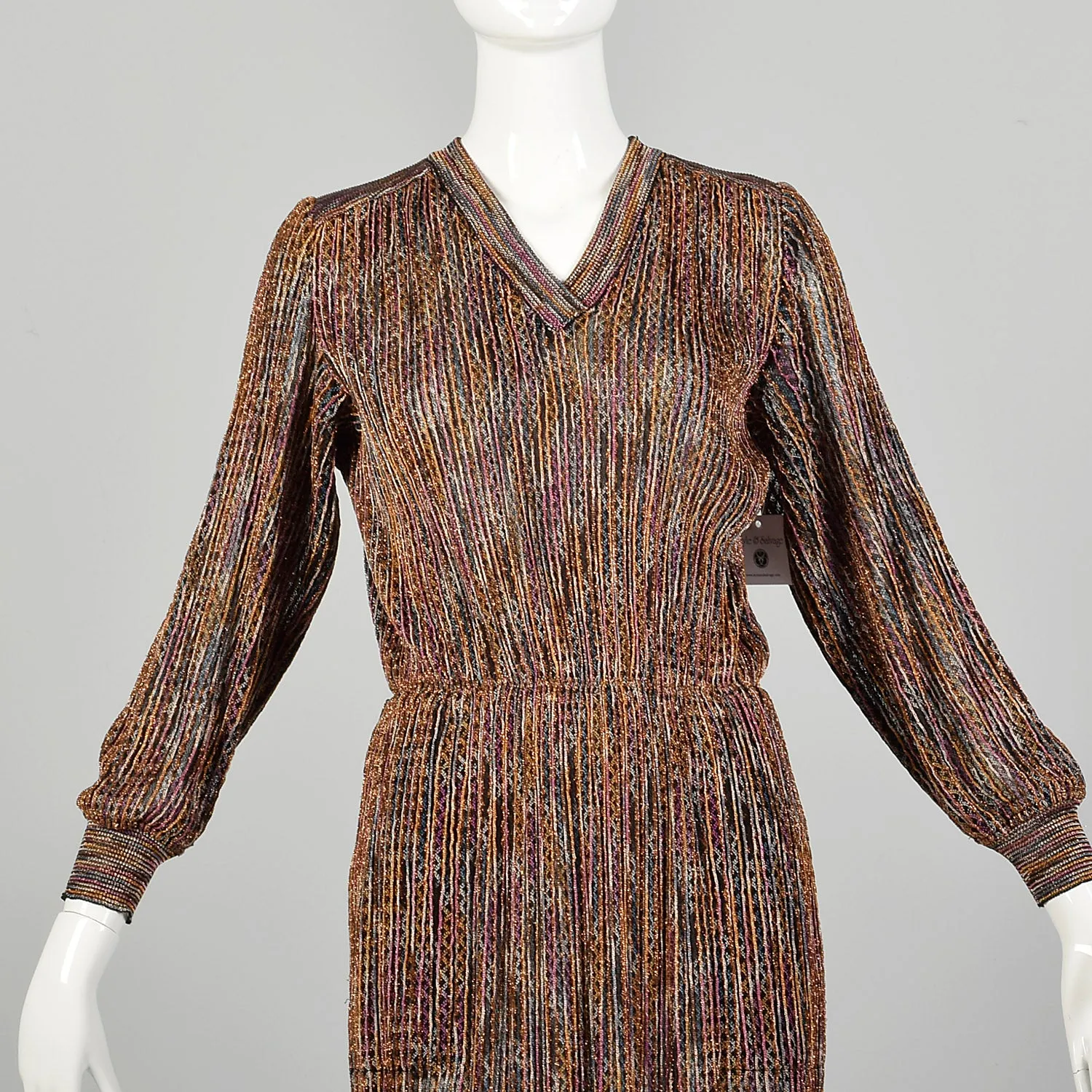 Small 1980s Dress Missoni Metallic Knit Knee Length Long Sleeve Sweater Party