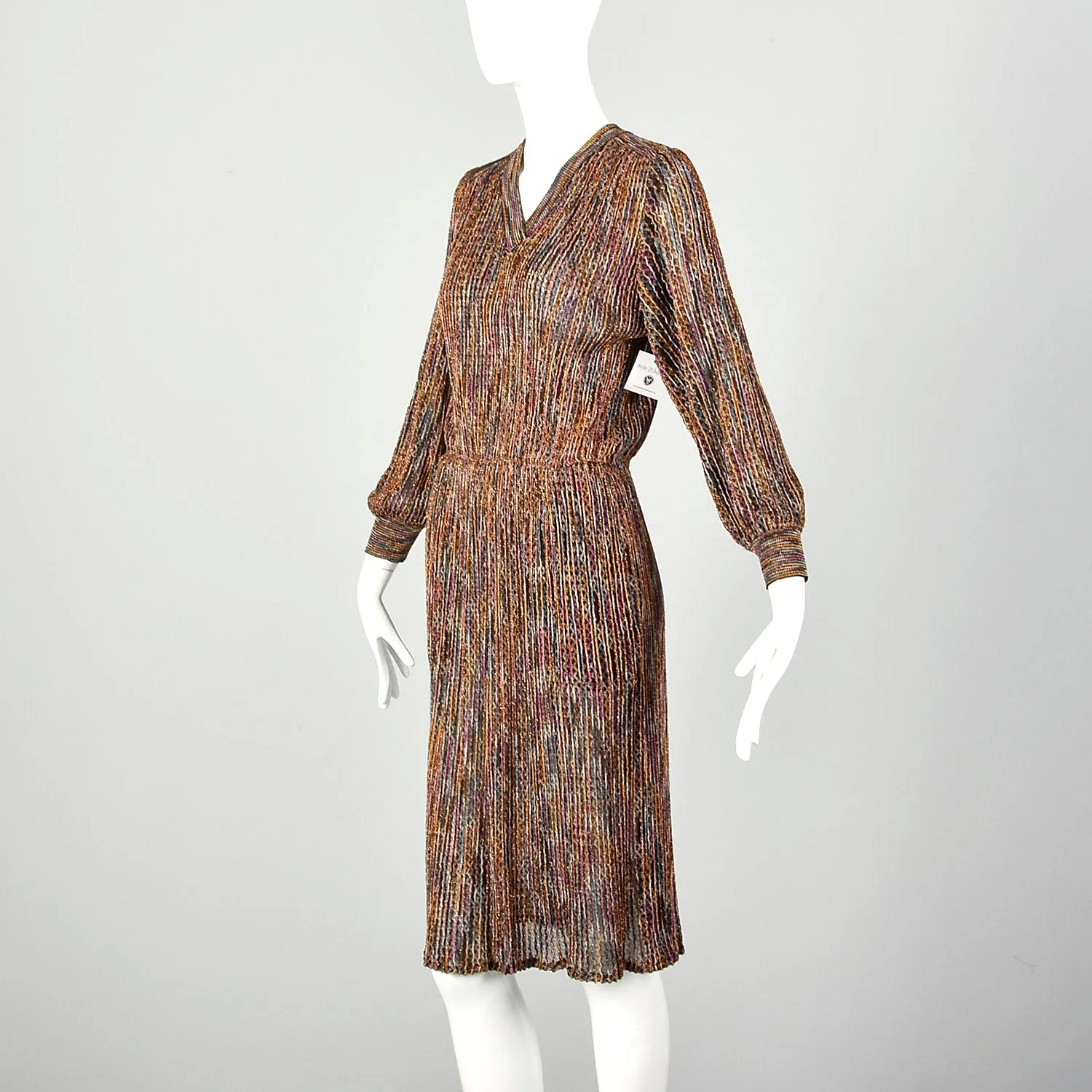 Small 1980s Dress Missoni Metallic Knit Knee Length Long Sleeve Sweater Party