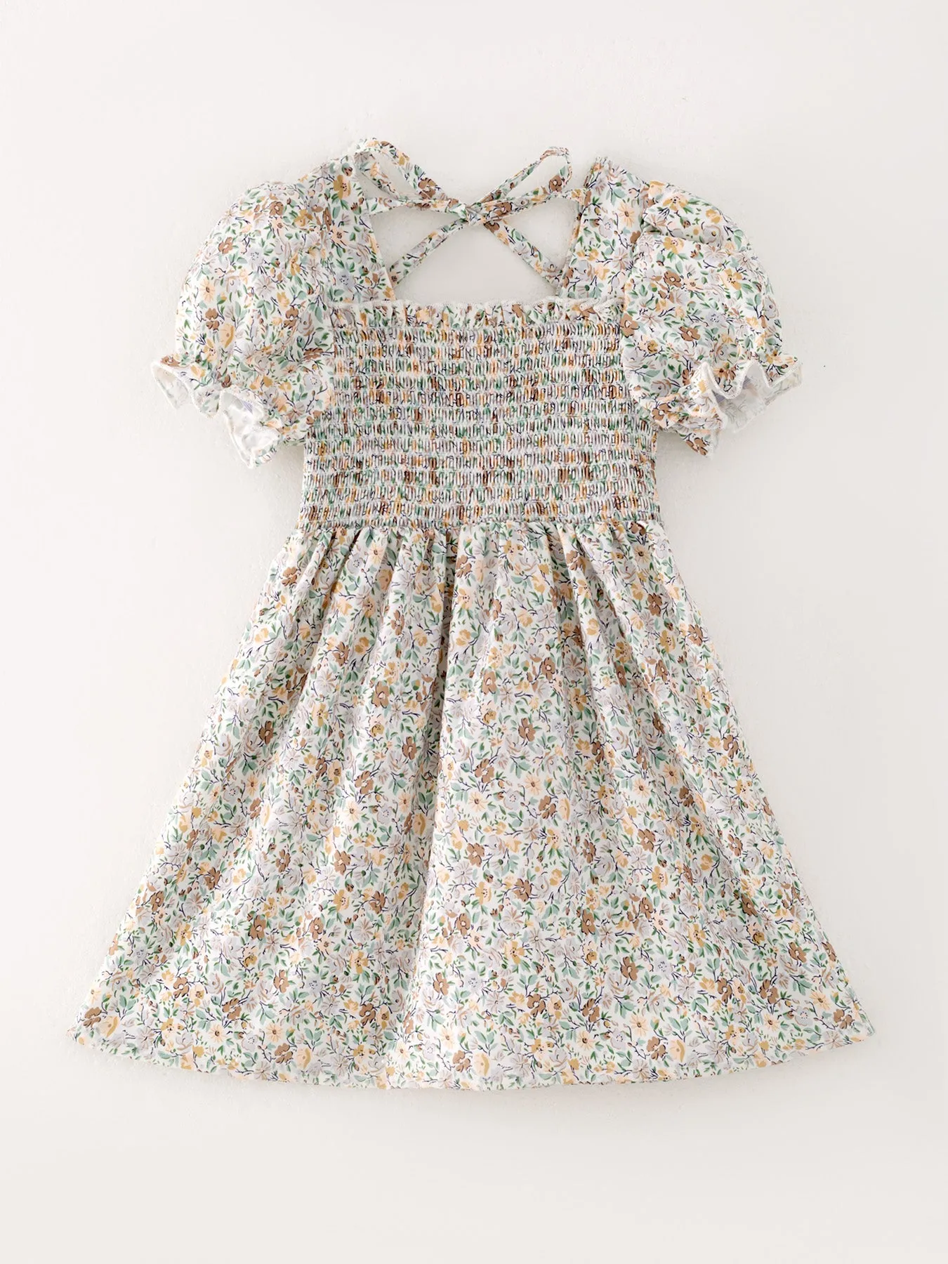 Smocking Floral Print Short Sleeve Dress