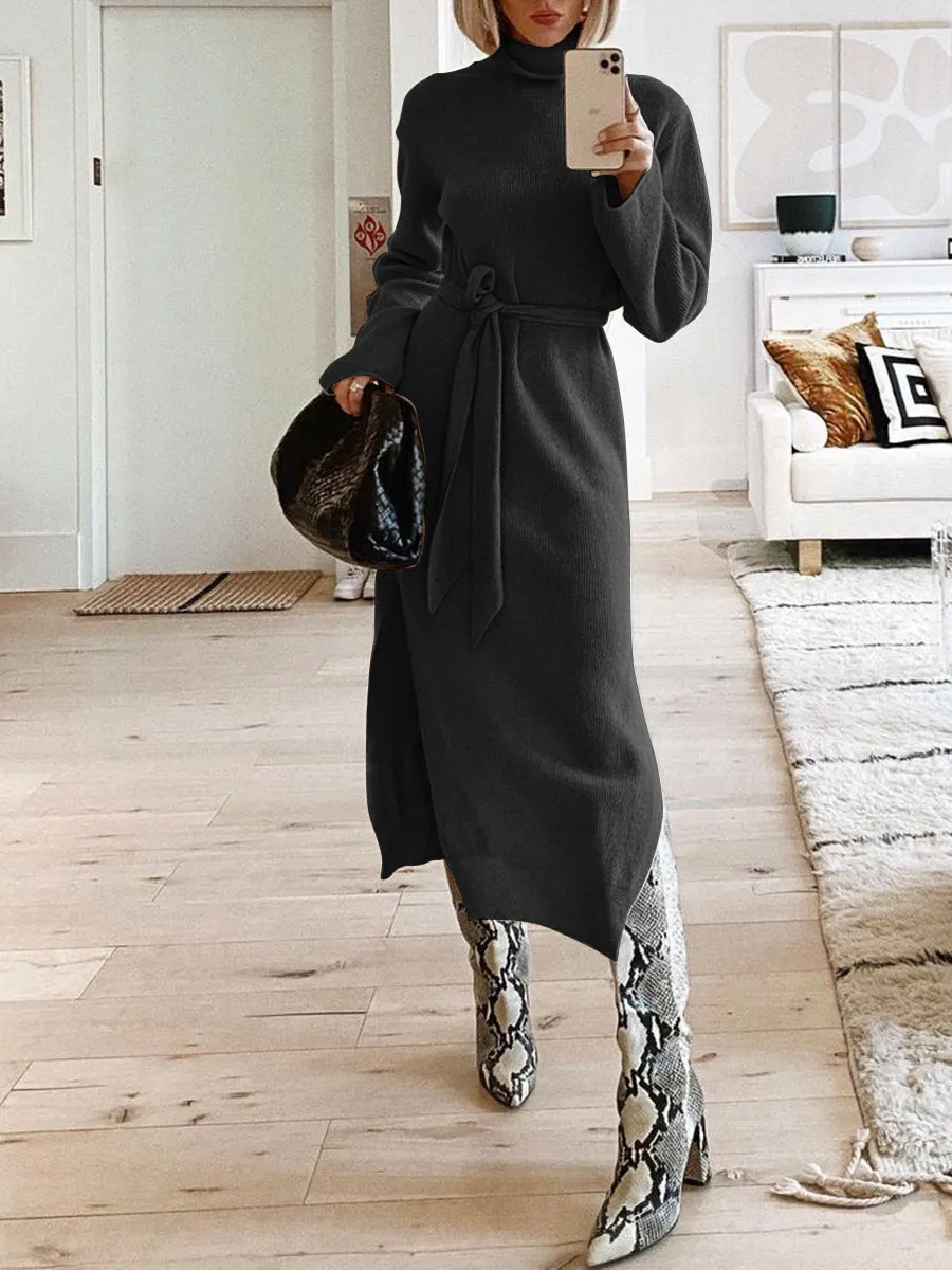 Solid Color Turtle Neck Long Sleeve Split Knit Sweater Dress