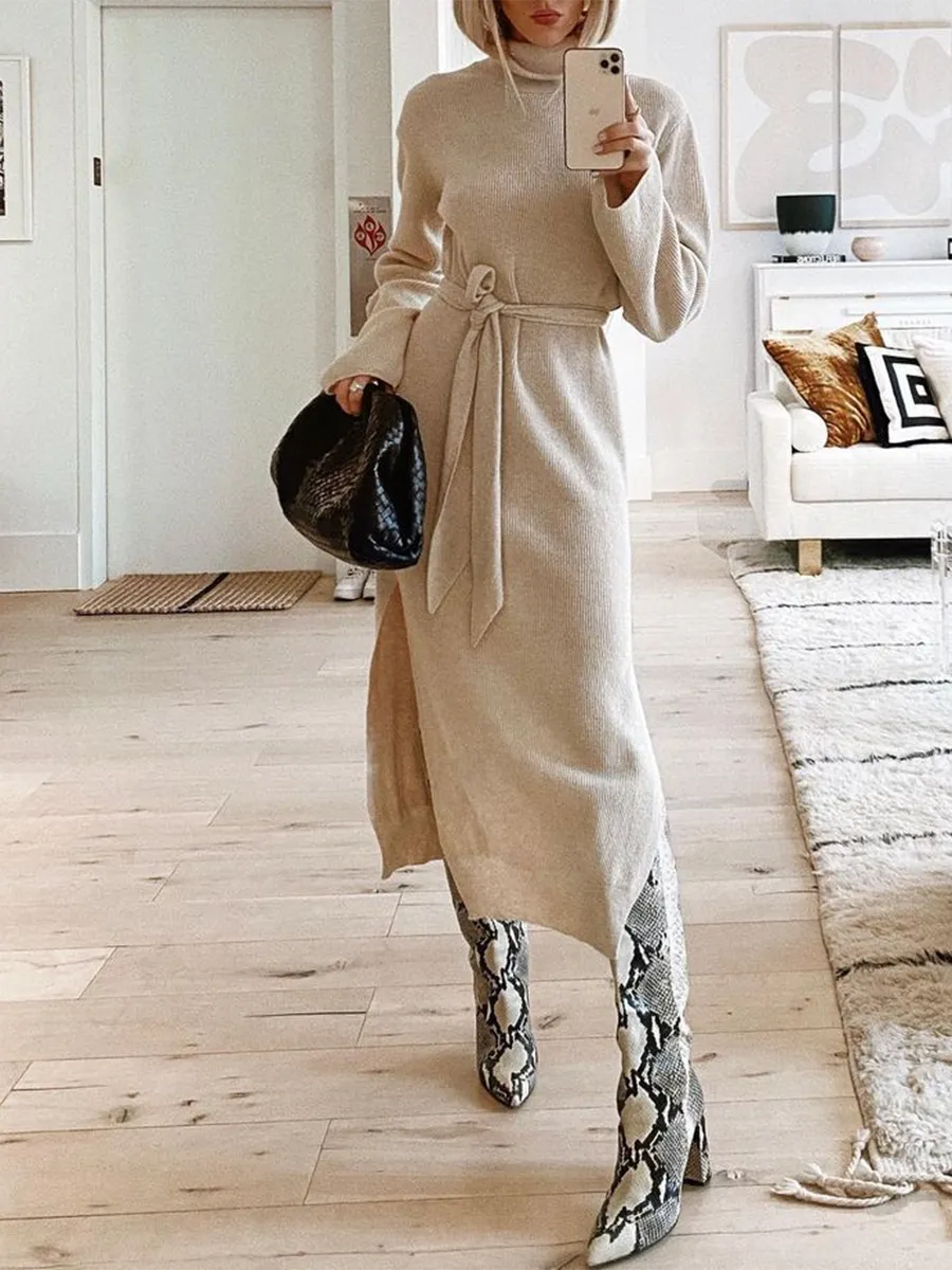 Solid Color Turtle Neck Long Sleeve Split Knit Sweater Dress