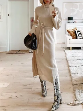 Solid Color Turtle Neck Long Sleeve Split Knit Sweater Dress