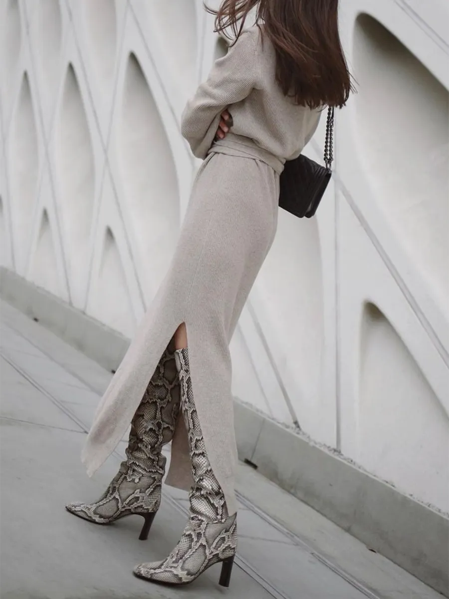 Solid Color Turtle Neck Long Sleeve Split Knit Sweater Dress