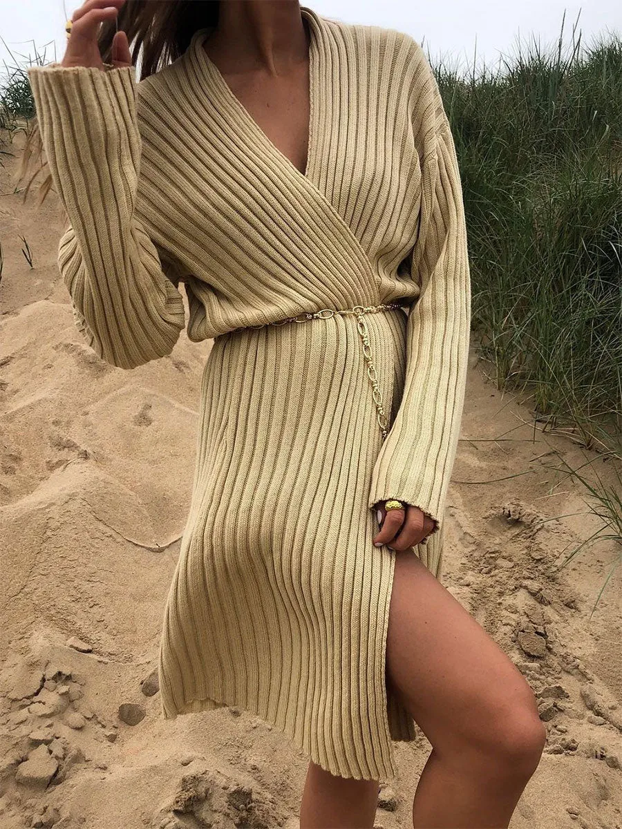 Solid Color V-neck Long-sleeved Knitted Sweater Dress