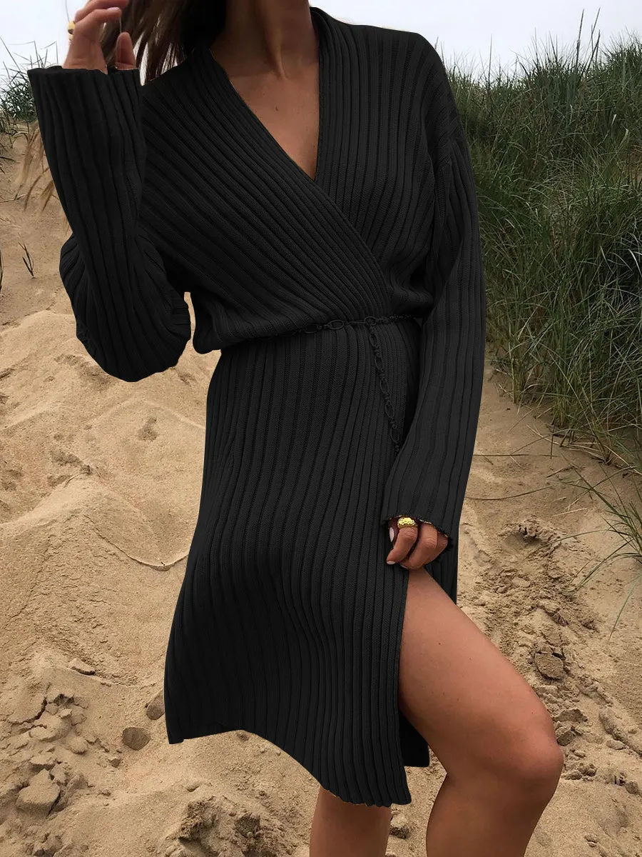 Solid Color V-neck Long-sleeved Knitted Sweater Dress