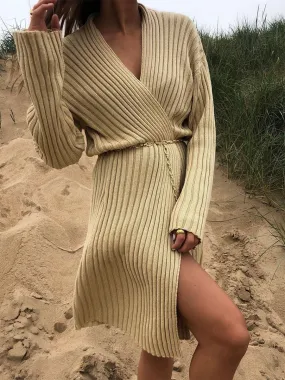 Solid Color V-neck Long-sleeved Knitted Sweater Dress