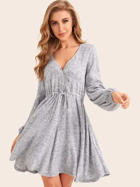 Solid Wrap Front Drawstring Waist Jumper Dress