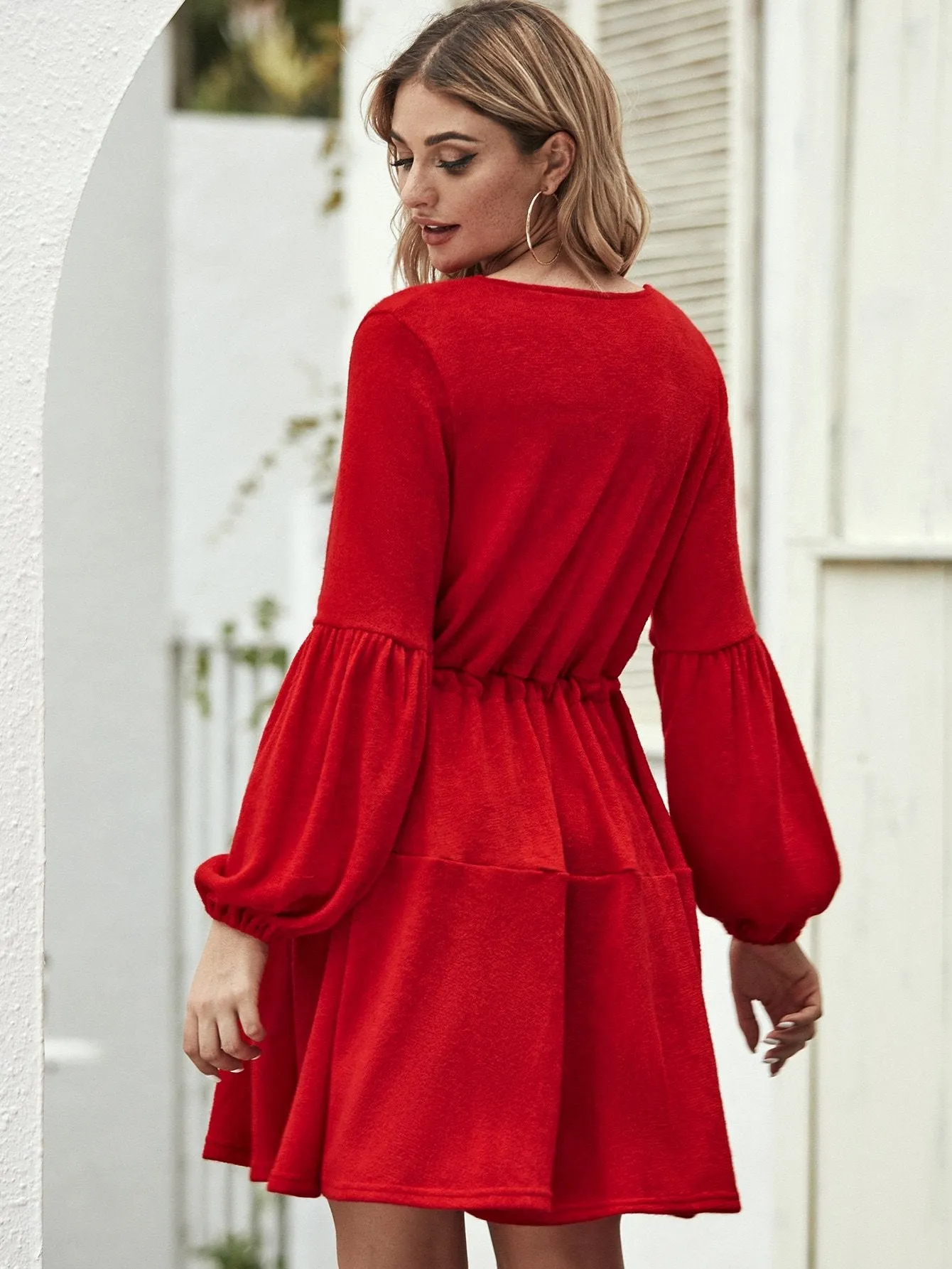 Solid Wrap Front Drawstring Waist Jumper Dress