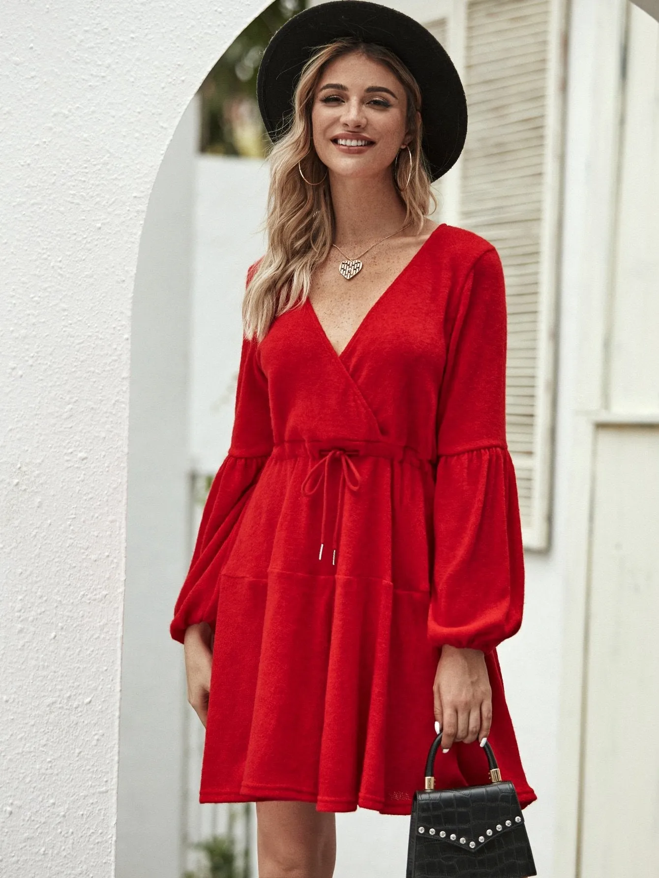 Solid Wrap Front Drawstring Waist Jumper Dress