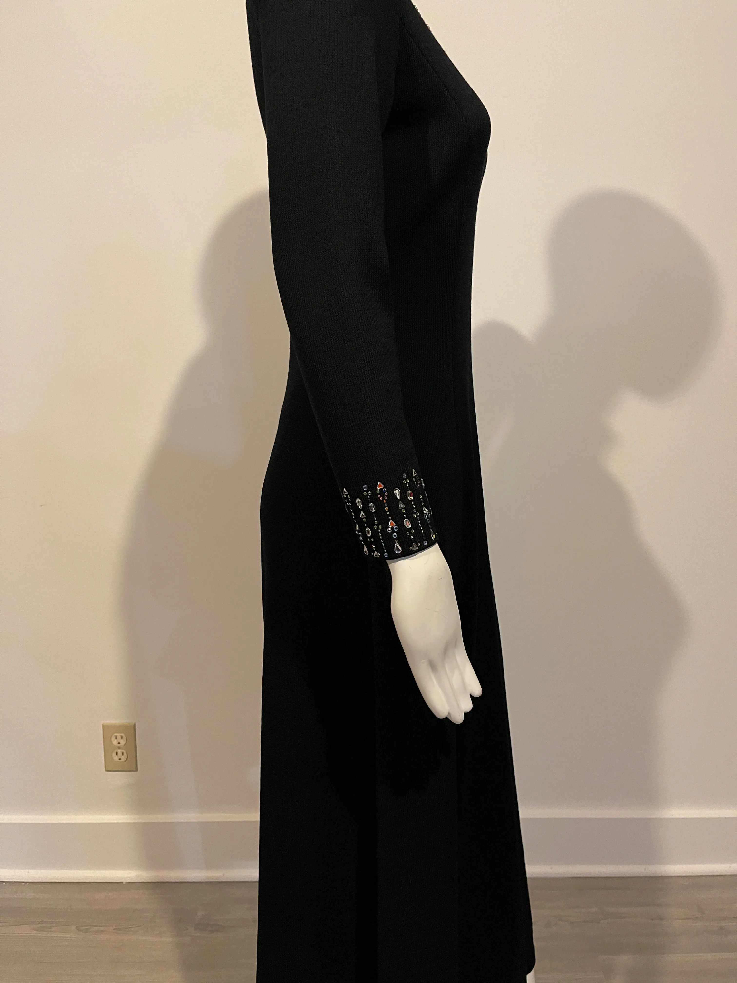 St. John Size 0 Black Santana Knit Beaded Long Sleeve Gown Dress