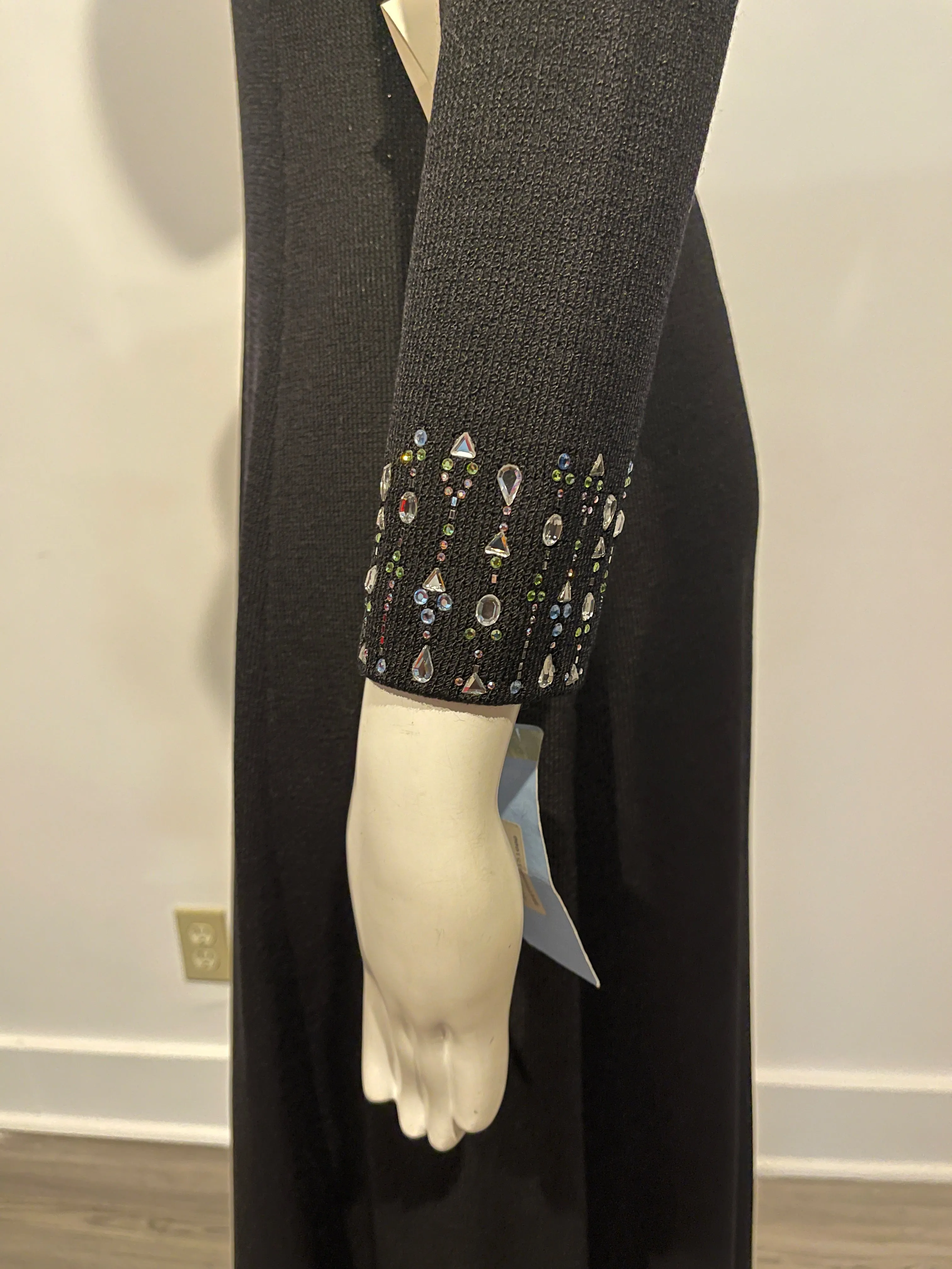 St. John Size 0 Black Santana Knit Beaded Long Sleeve Gown Dress