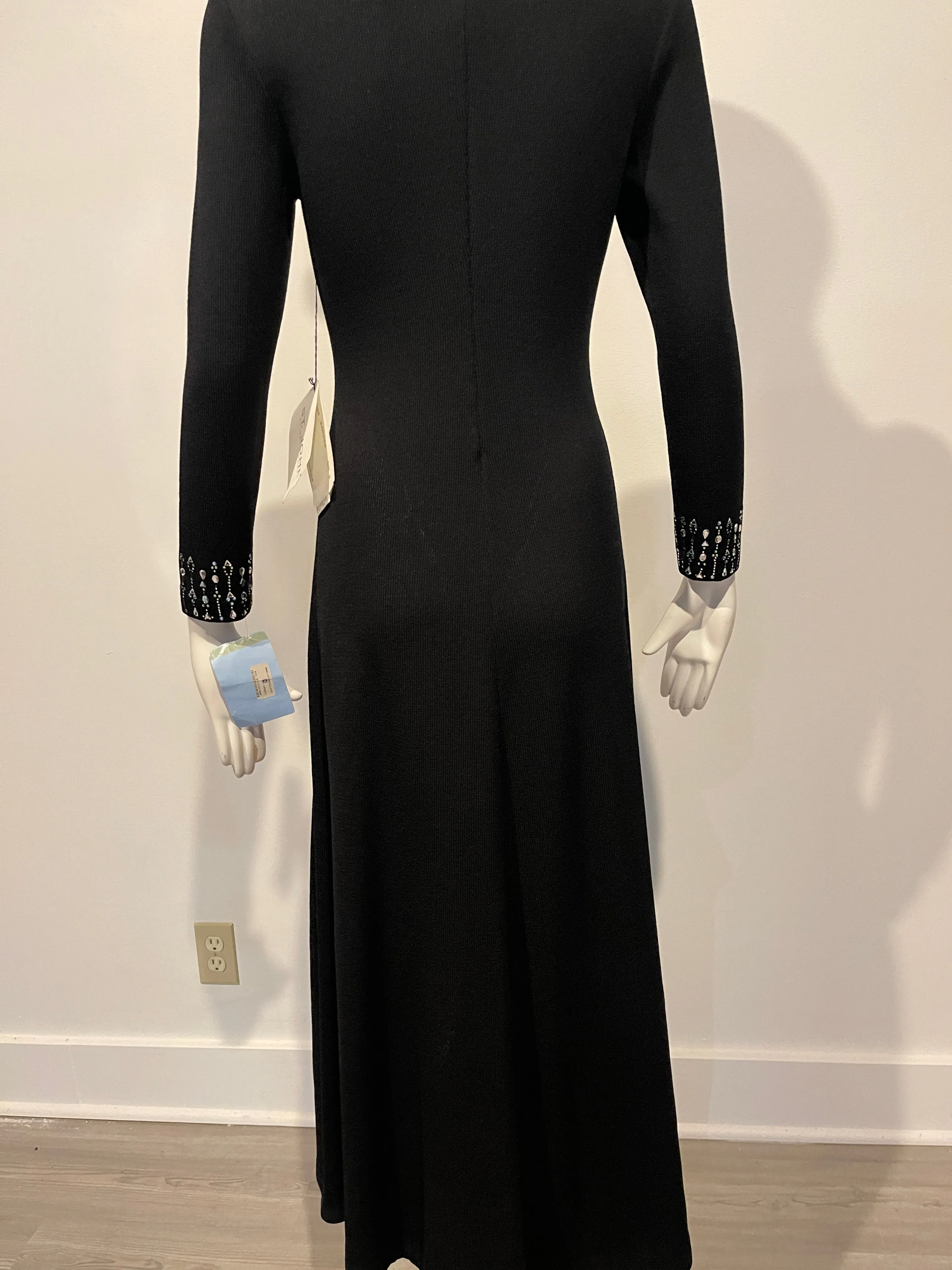 St. John Size 0 Black Santana Knit Beaded Long Sleeve Gown Dress