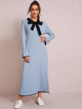 Tie Neck Contrast Binding Flounce Sleeve Jumper Dress