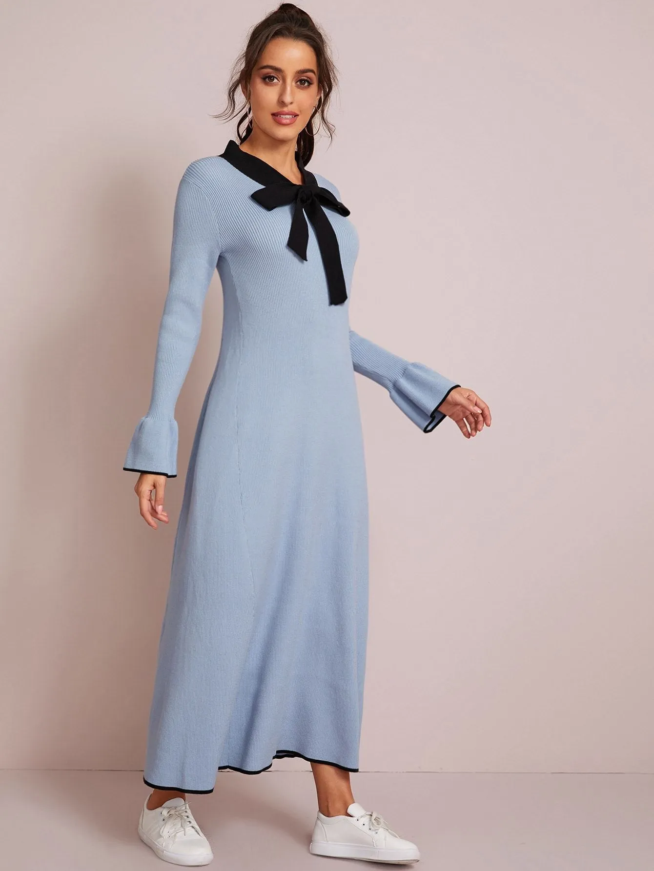 Tie Neck Contrast Binding Flounce Sleeve Jumper Dress