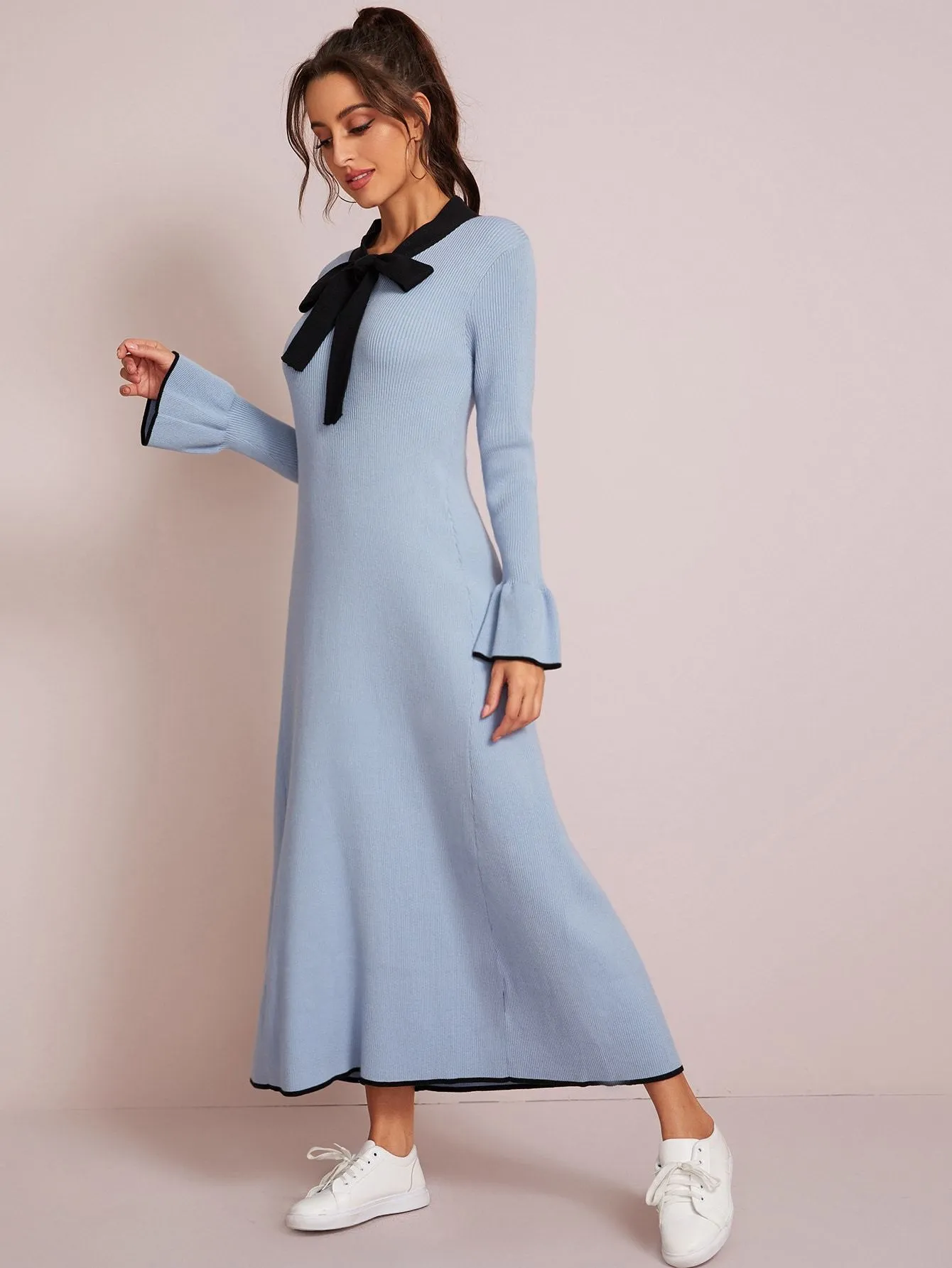 Tie Neck Contrast Binding Flounce Sleeve Jumper Dress