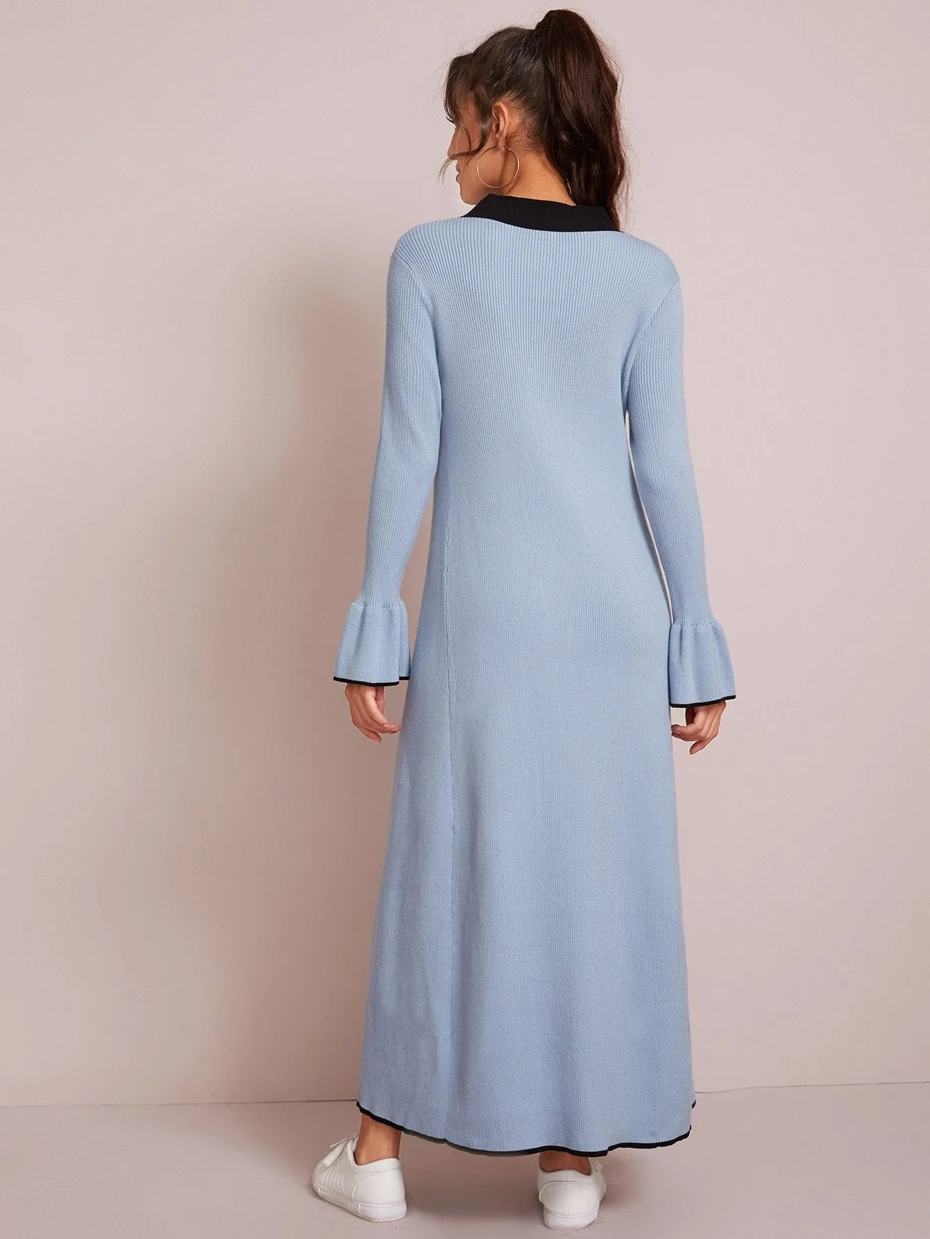 Tie Neck Contrast Binding Flounce Sleeve Jumper Dress