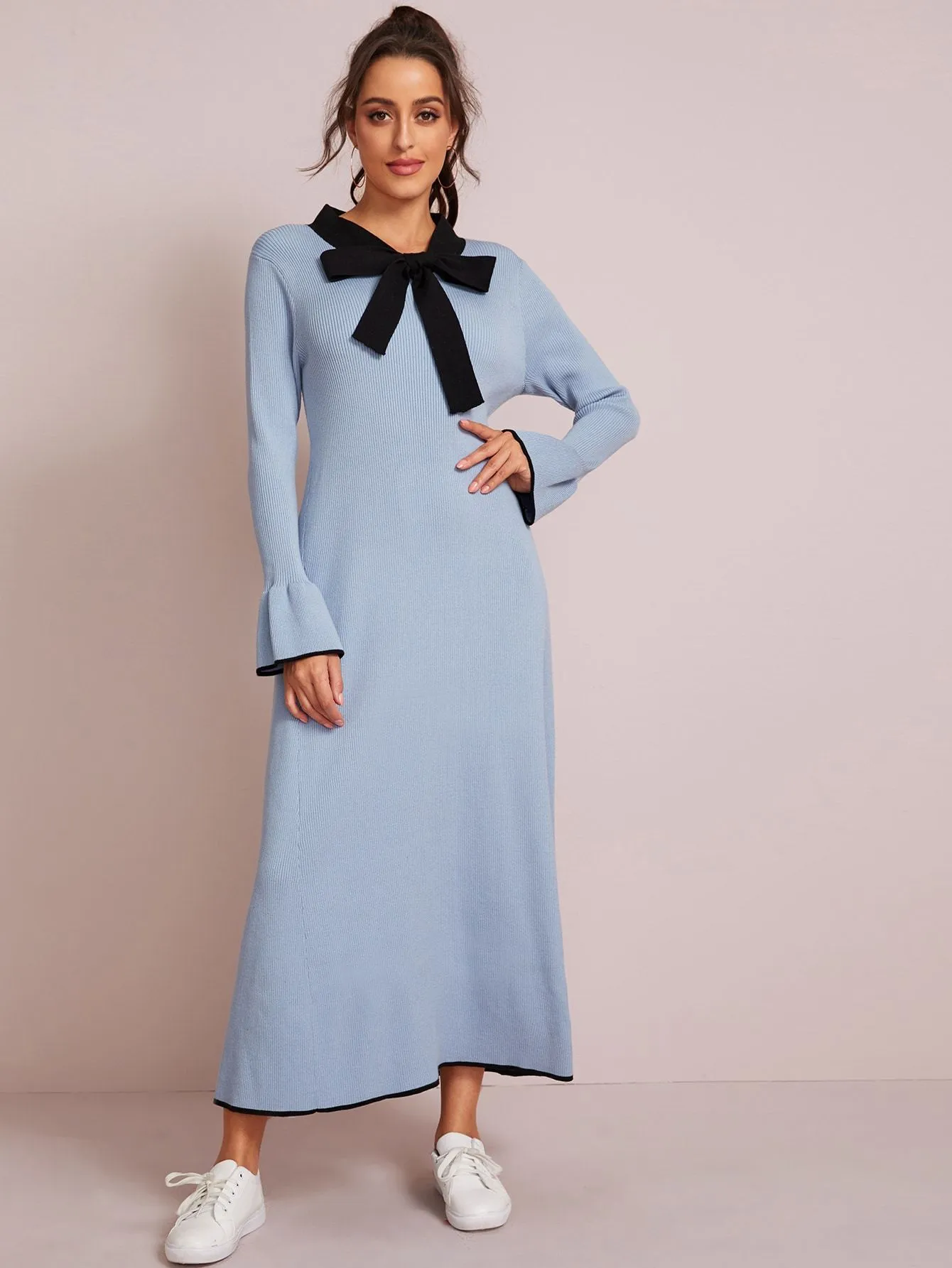 Tie Neck Contrast Binding Flounce Sleeve Jumper Dress