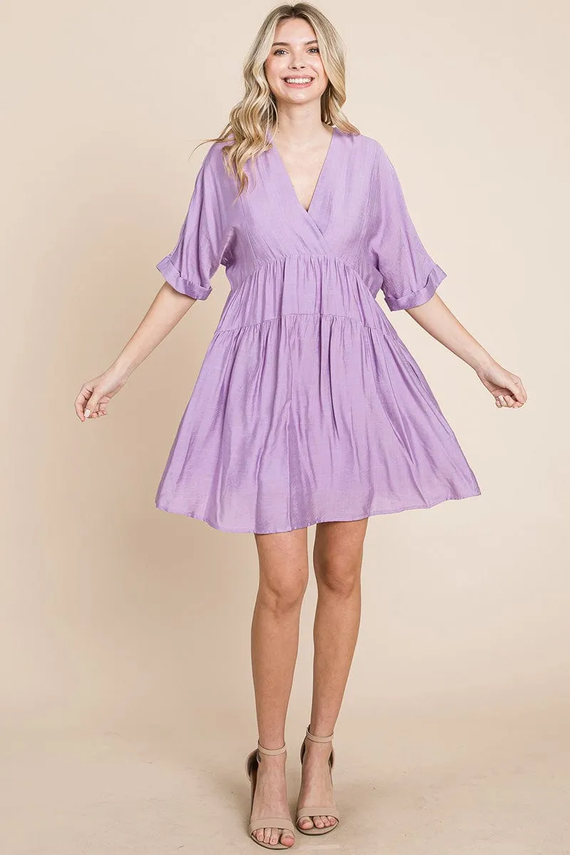 Tiered Dolman Sleeve V neck Babydoll Dress