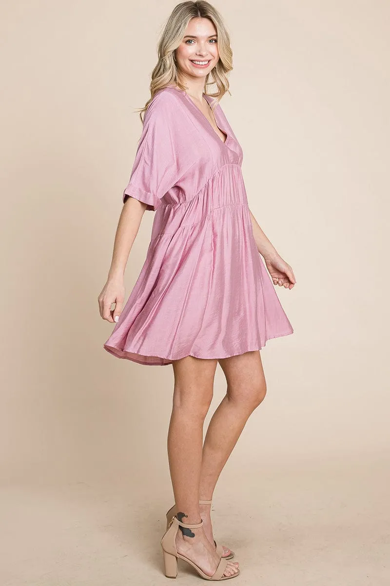 Tiered Dolman Sleeve V neck Babydoll Dress