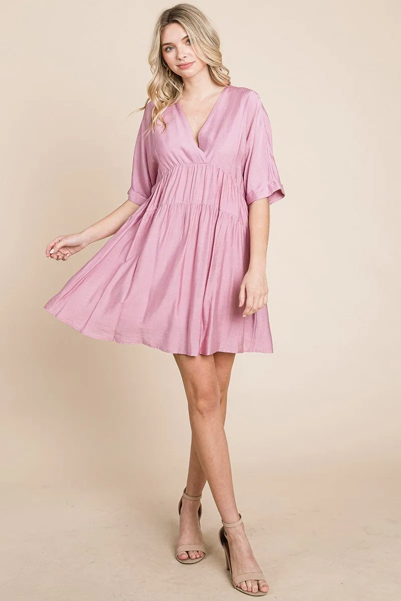 Tiered Dolman Sleeve V neck Babydoll Dress