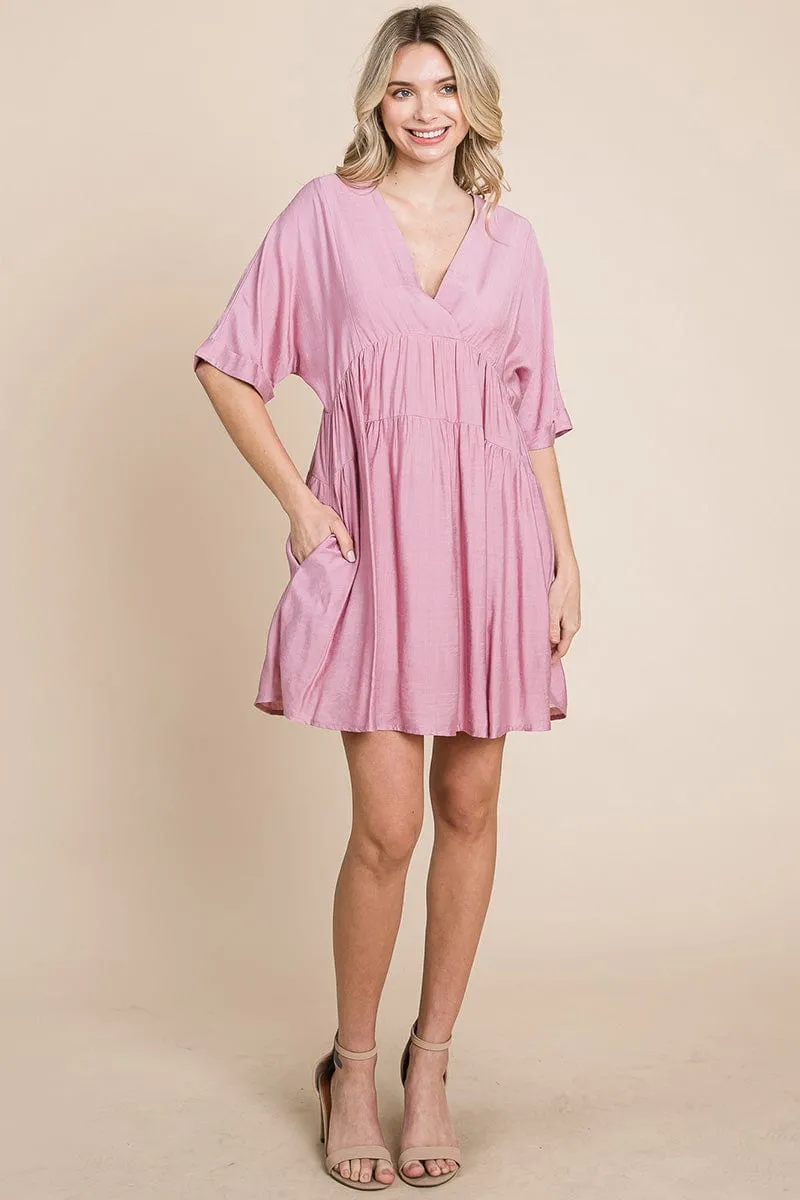 Tiered Dolman Sleeve V neck Babydoll Dress