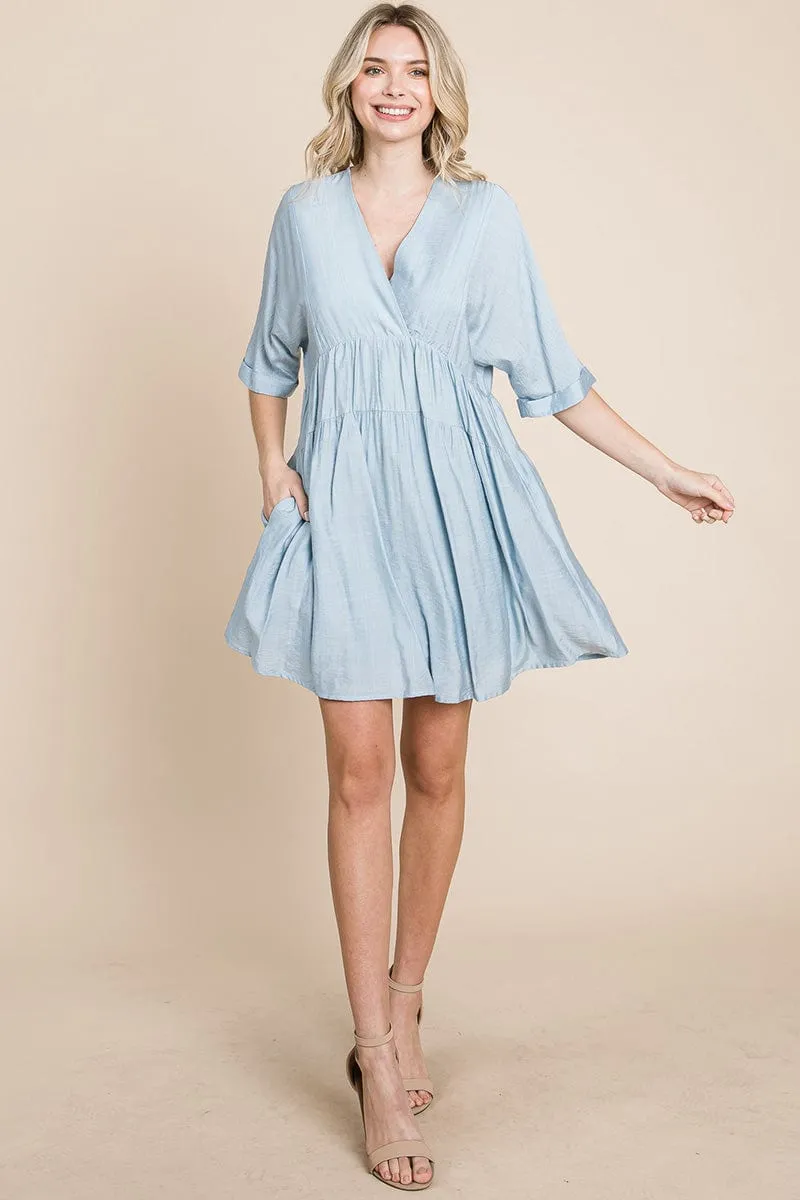 Tiered Dolman Sleeve V neck Babydoll Dress