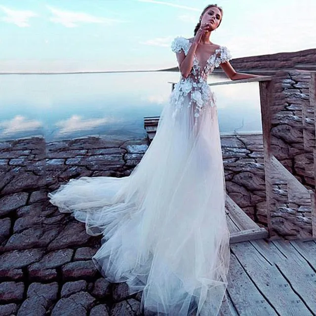 Tulle Boho Wedding Dress Sexy Backless Princess Bridal Dress Beach Wedding Gown