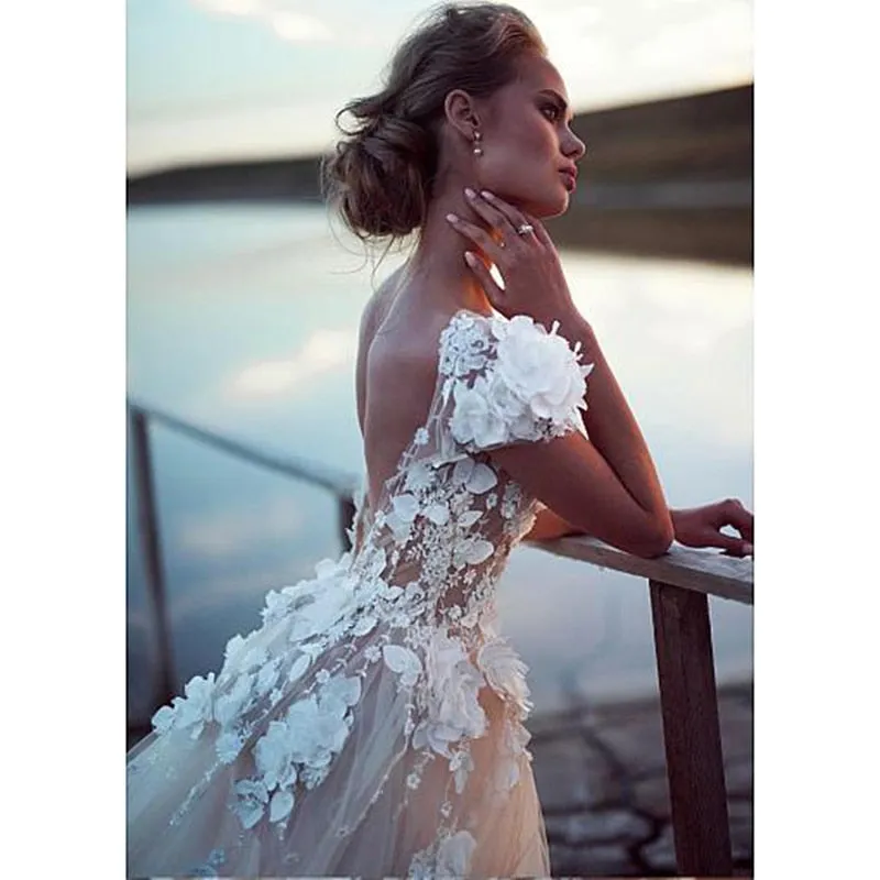 Tulle Boho Wedding Dress Sexy Backless Princess Bridal Dress Beach Wedding Gown