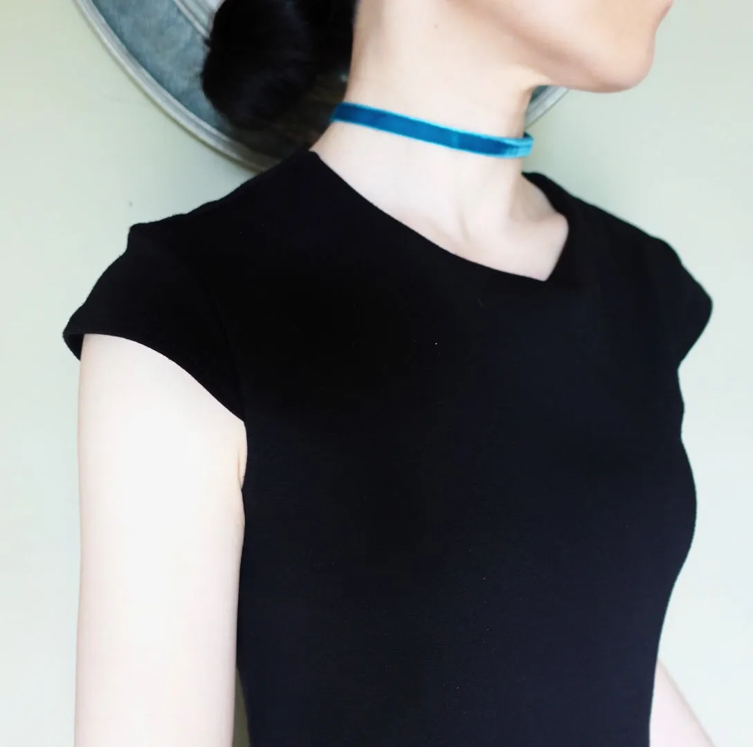 Turquoise Blue Velvet Choker Necklace with Gold Adjustable Chain