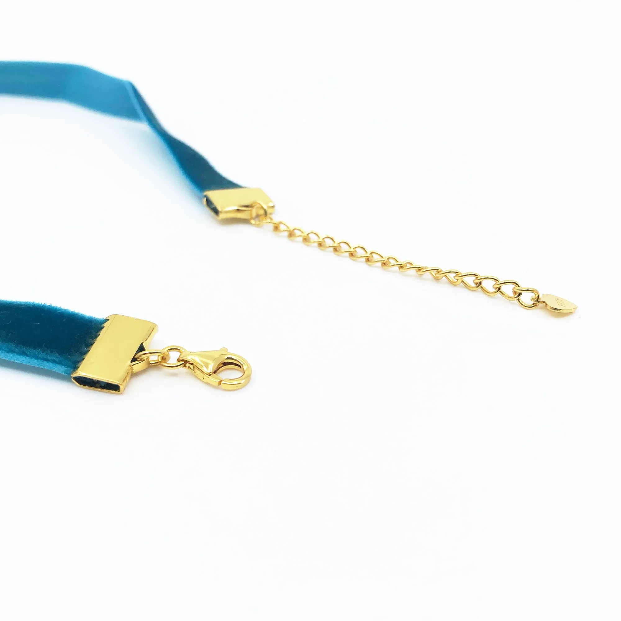 Turquoise Blue Velvet Choker Necklace with Gold Adjustable Chain