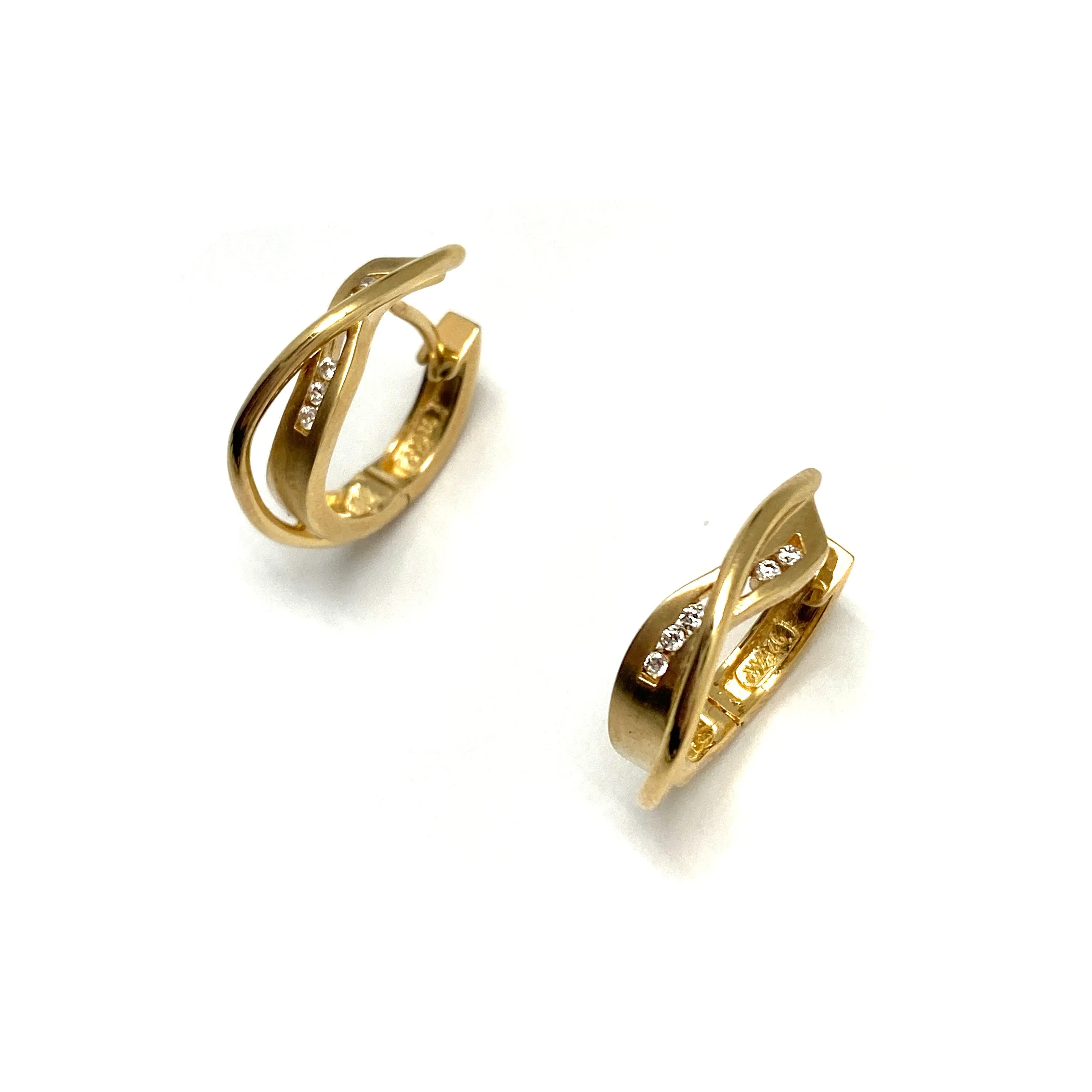 Twisted Gold and CZ Huggie Earrings