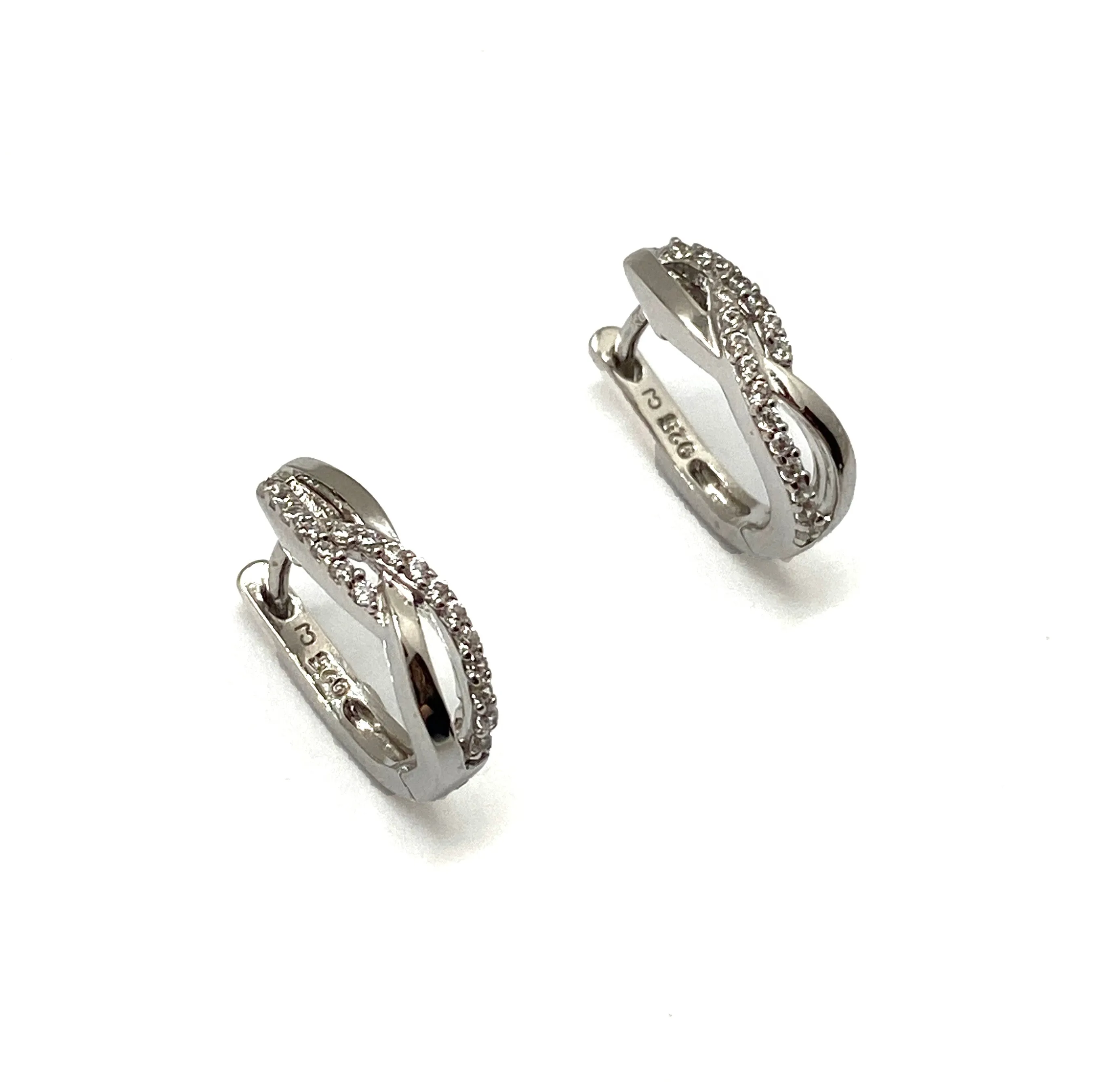 Twisted Silver CZ Huggie Earrings