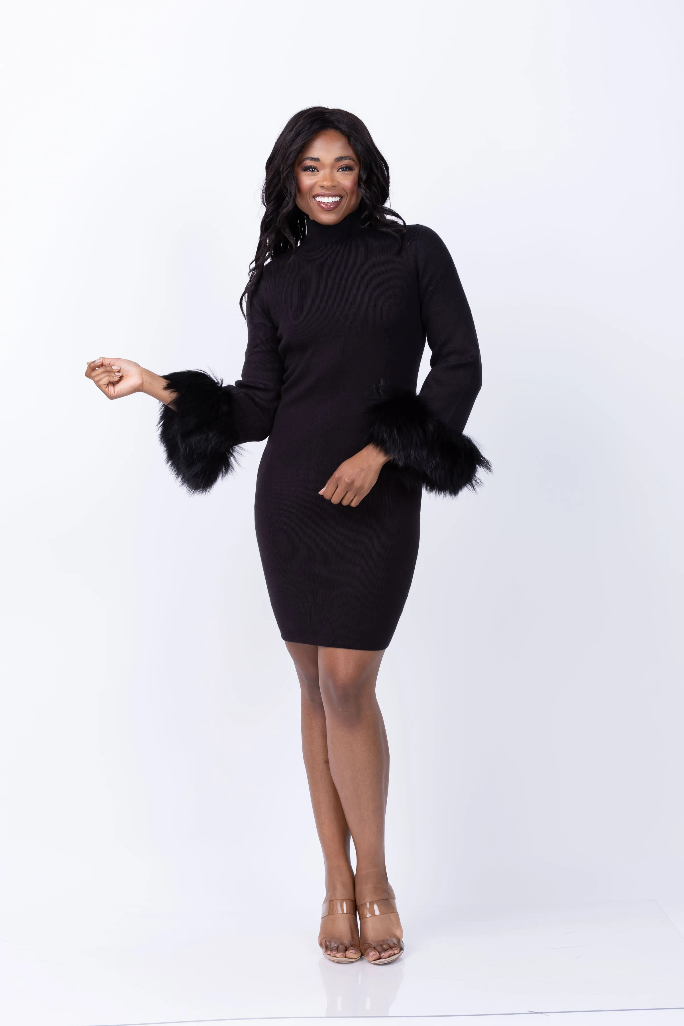 Tyler Boe Sloane Fur Trimmed Knit Dress in Black