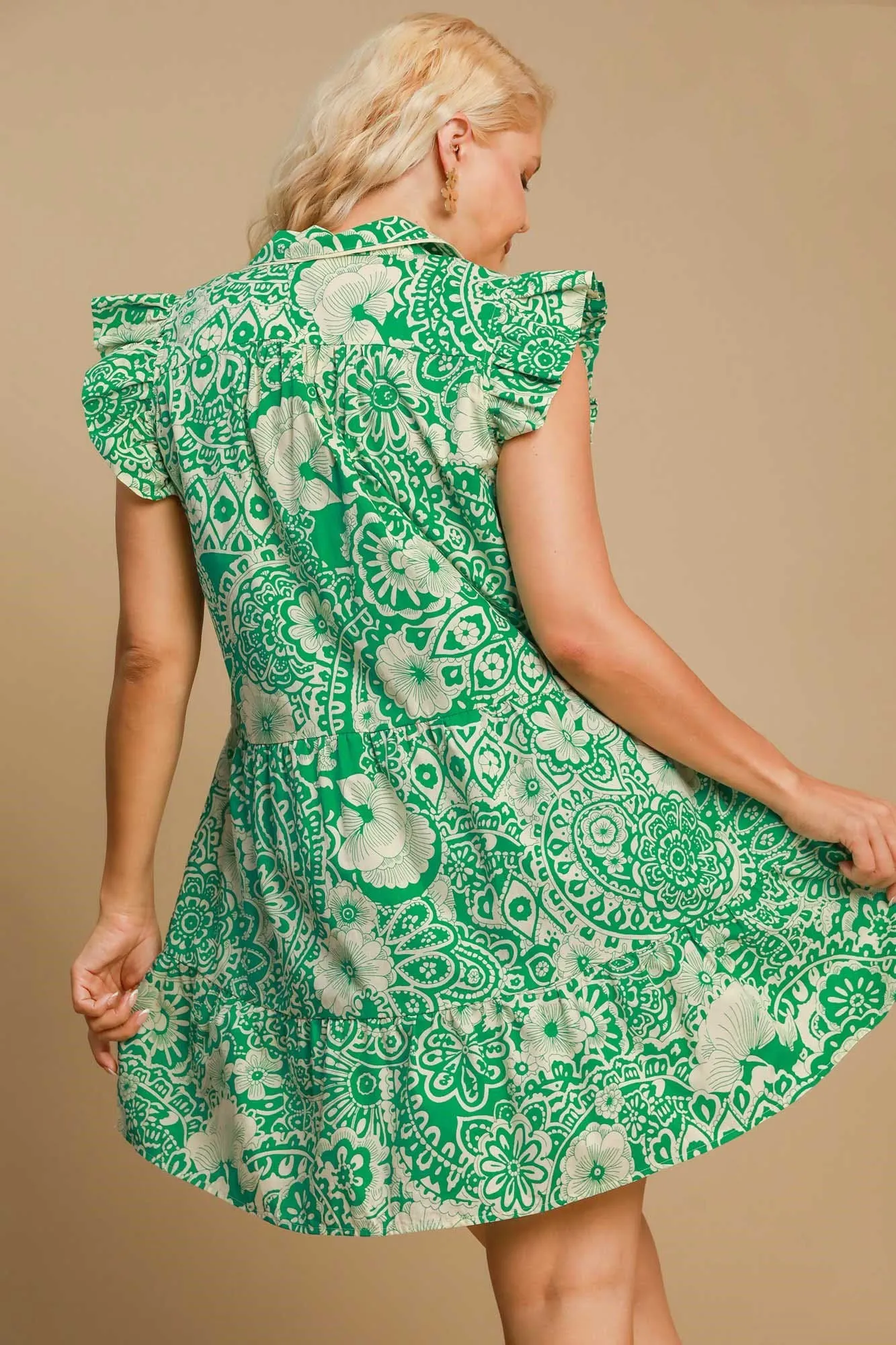 Umgee Full Size Printed Ruffle Cap Sleeve Babydoll Dress Plus Size
